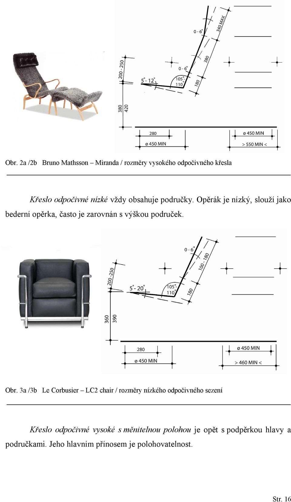 Obr. 3a /3b Le Corbusier LC2 chair / rozměry nízkého odpočivného sezení Křeslo odpočivné vysoké s