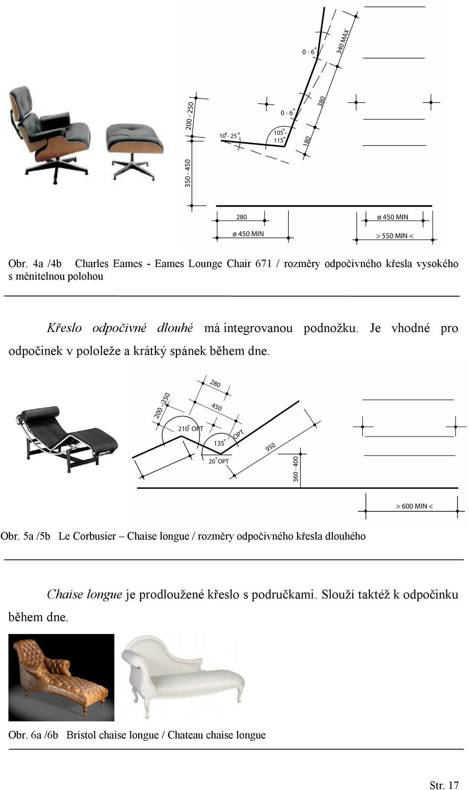 Obr. 5a /5b Le Corbusier Chaise longue / rozměry odpočivného křesla dlouhého během dne.
