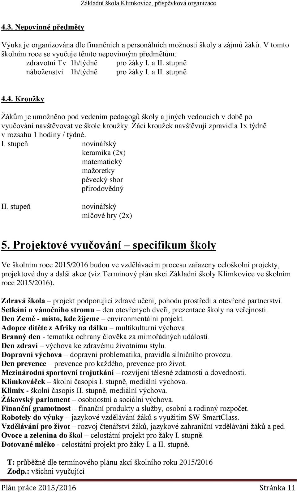 Žáci kroužek navštěvují zpravidla 1x týdně v rozsahu 1 hodiny / týdně. I. stupeň novinářský keramika (2x) matematický mažoretky pěvecký sbor přírodovědný II. stupeň novinářský míčové hry (2x) 5.