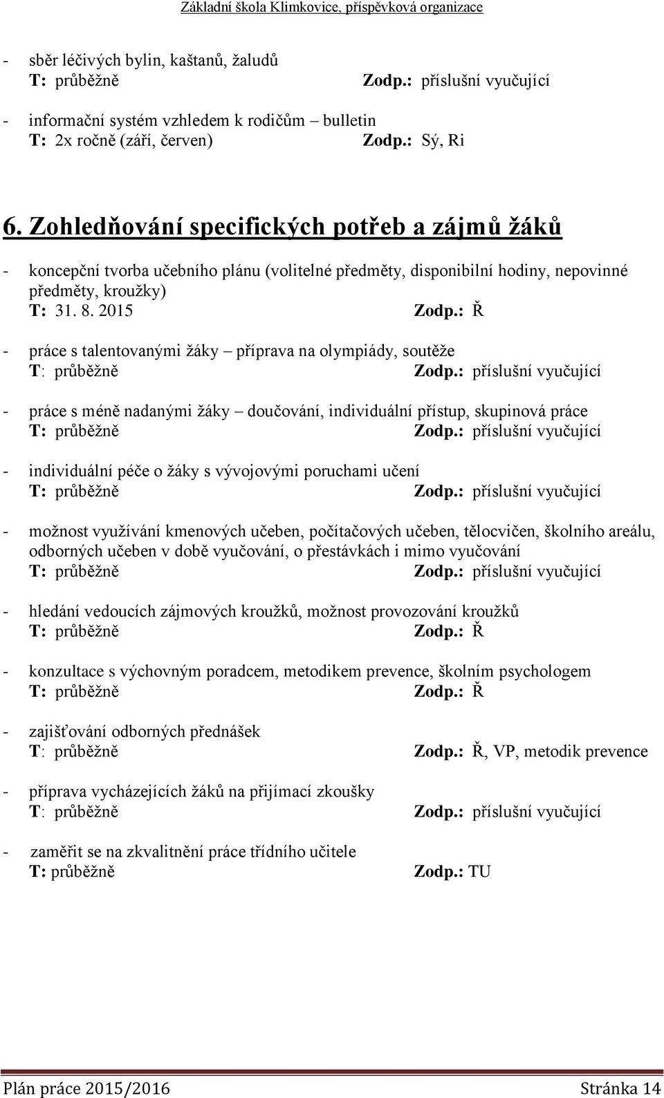 : Ř - práce s talentovanými žáky příprava na olympiády, soutěže T: průběžně Zodp.: příslušní vyučující - práce s méně nadanými žáky doučování, individuální přístup, skupinová práce T: průběžně Zodp.