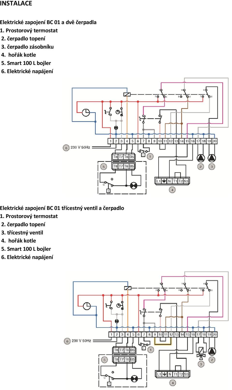 Elektrické napájení Elektrické zapojení BC 01 třícestný ventil a čerpadlo 1.