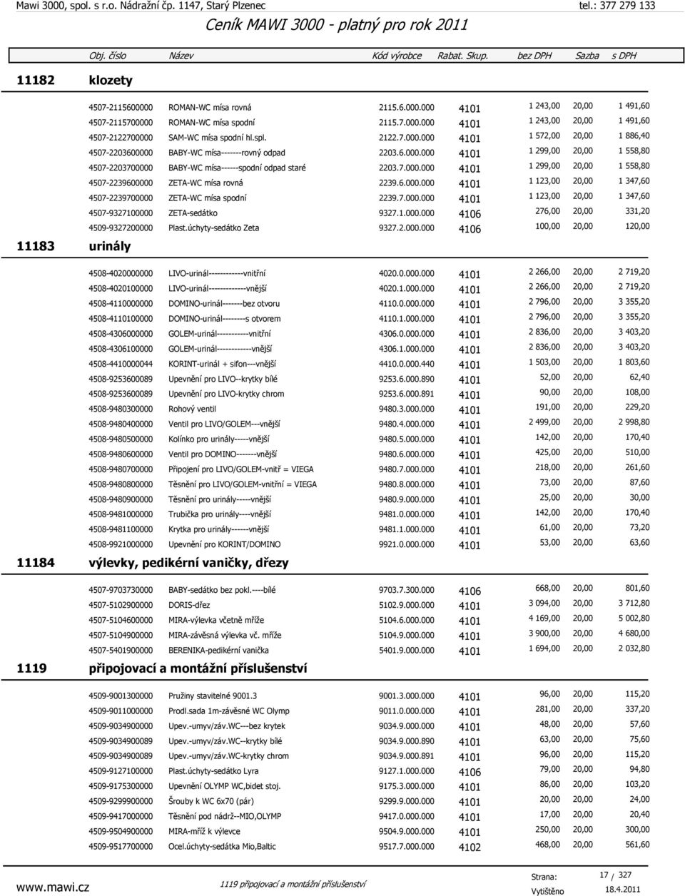 6.000.000 4101 1 123,00 20,00 1 347,60 4507-2239700000 ZETA-WC mísa spodní 2239.7.000.000 4101 1 123,00 20,00 1 347,60 4507-9327100000 ZETA-sedátko 9327.1.000.000 4106 276,00 20,00 331,20 4509-9327200000 Plast.