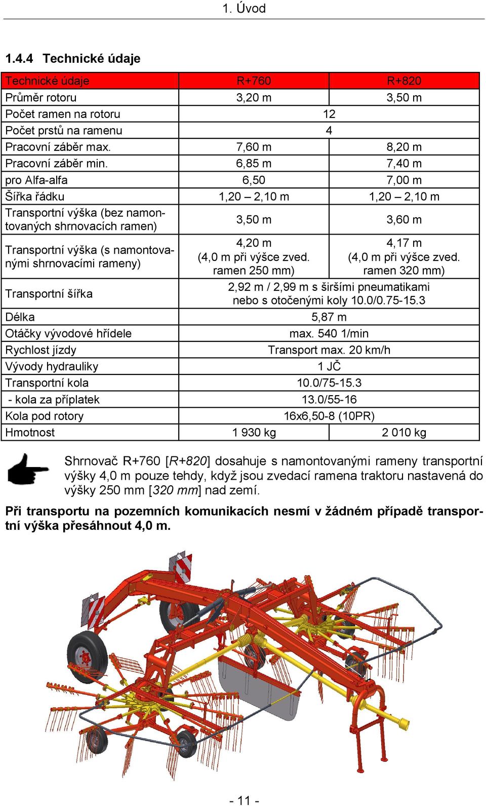 rameny) 4,20 m (4,0 m při výšce zved. ramen 250 mm) 4,17 m (4,0 m při výšce zved. ramen 320 mm) Transportní šířka 2,92 m / 2,99 m s širšími pneumatikami nebo s otočenými koly 10.0/0.75-15.