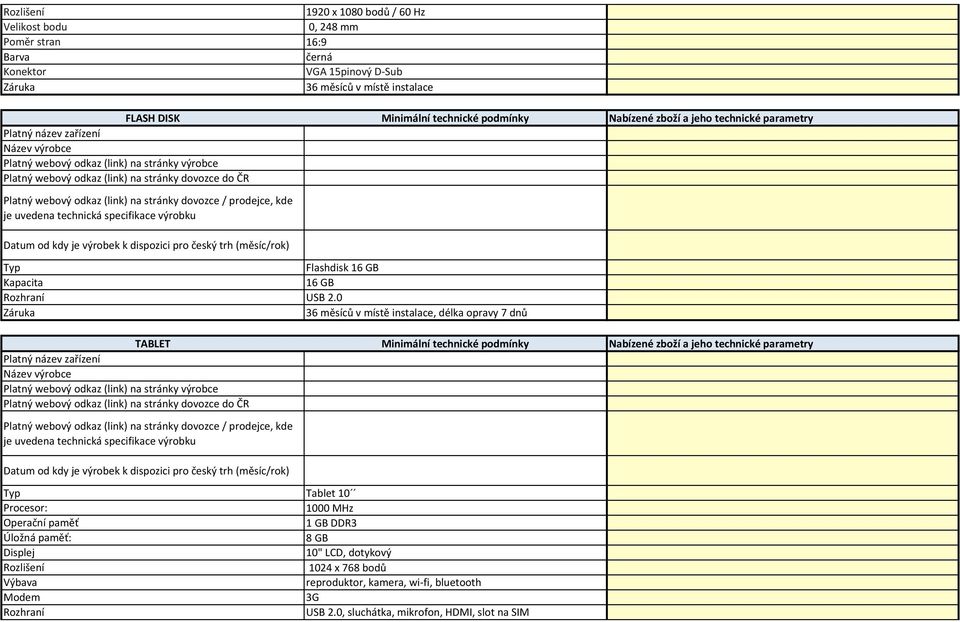 0 36 měsíců v místě instalace, délka opravy 7 dnů TABLET Minimální technické podmínky Nabízené zboží a jeho technické parametry Tablet 10 Procesor: 1000 MHz