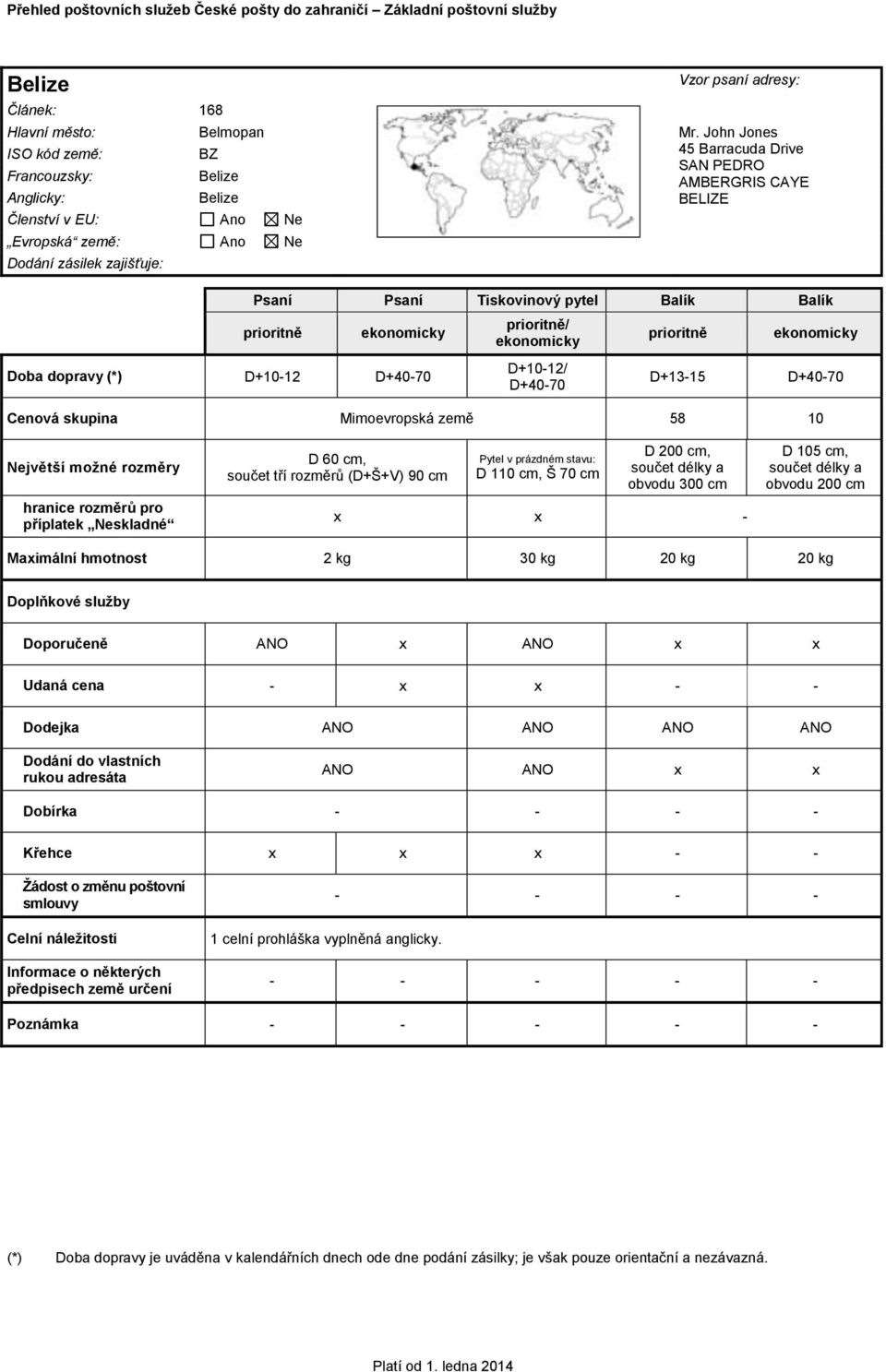 D+10-12/ D+13-15 Cenová skupina Mimoevropská země 58 10 D 200 cm, součet délky a obvodu 300 cm D 105 cm,