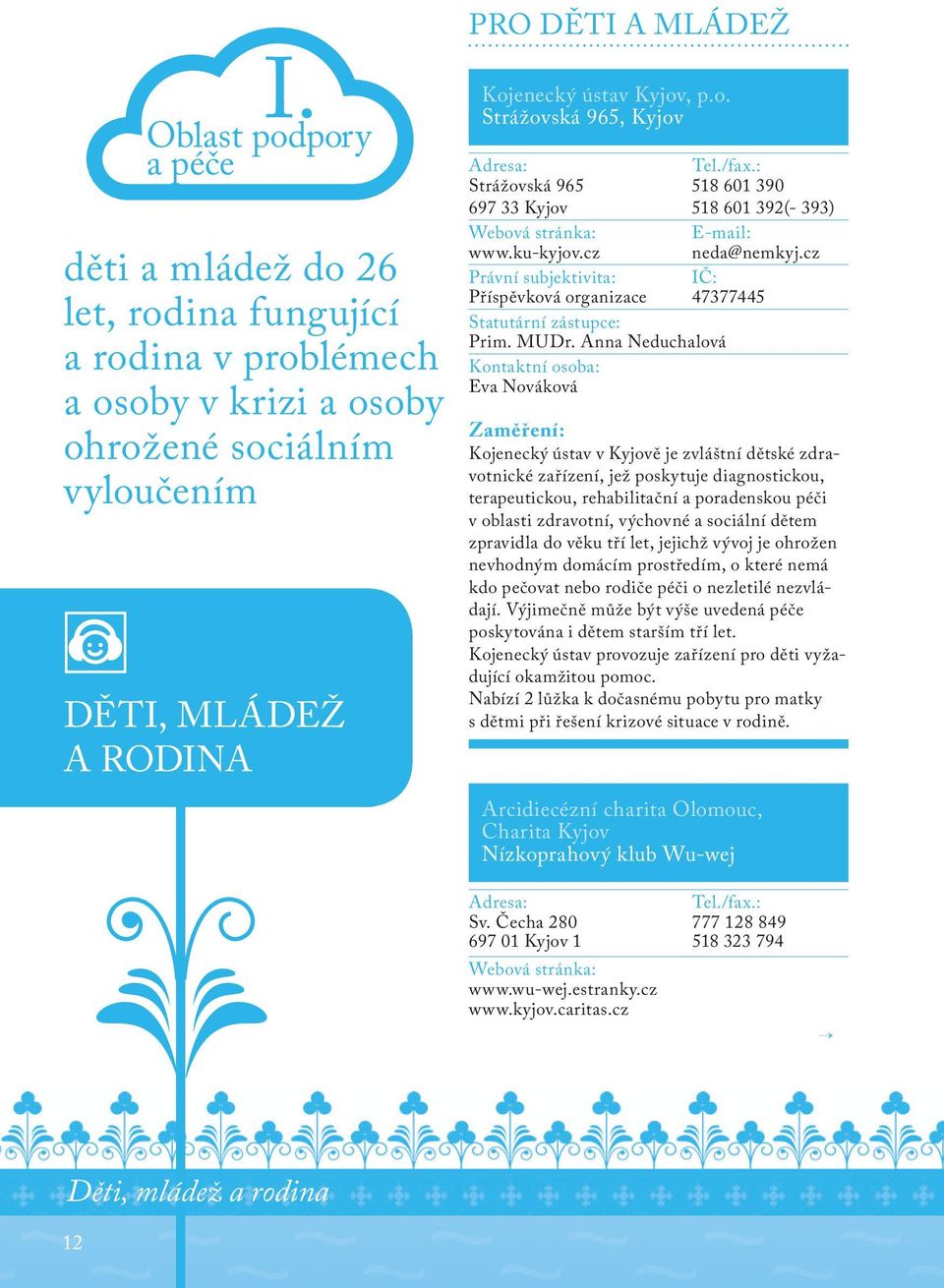 Anna Neduchalová Eva Nováková Kojenecký ústav v Kyjově je zvláštní dětské zdravotnické zařízení, jež poskytuje diagnostickou, terapeutickou, rehabilitační a poradenskou péči v oblasti zdravotní,