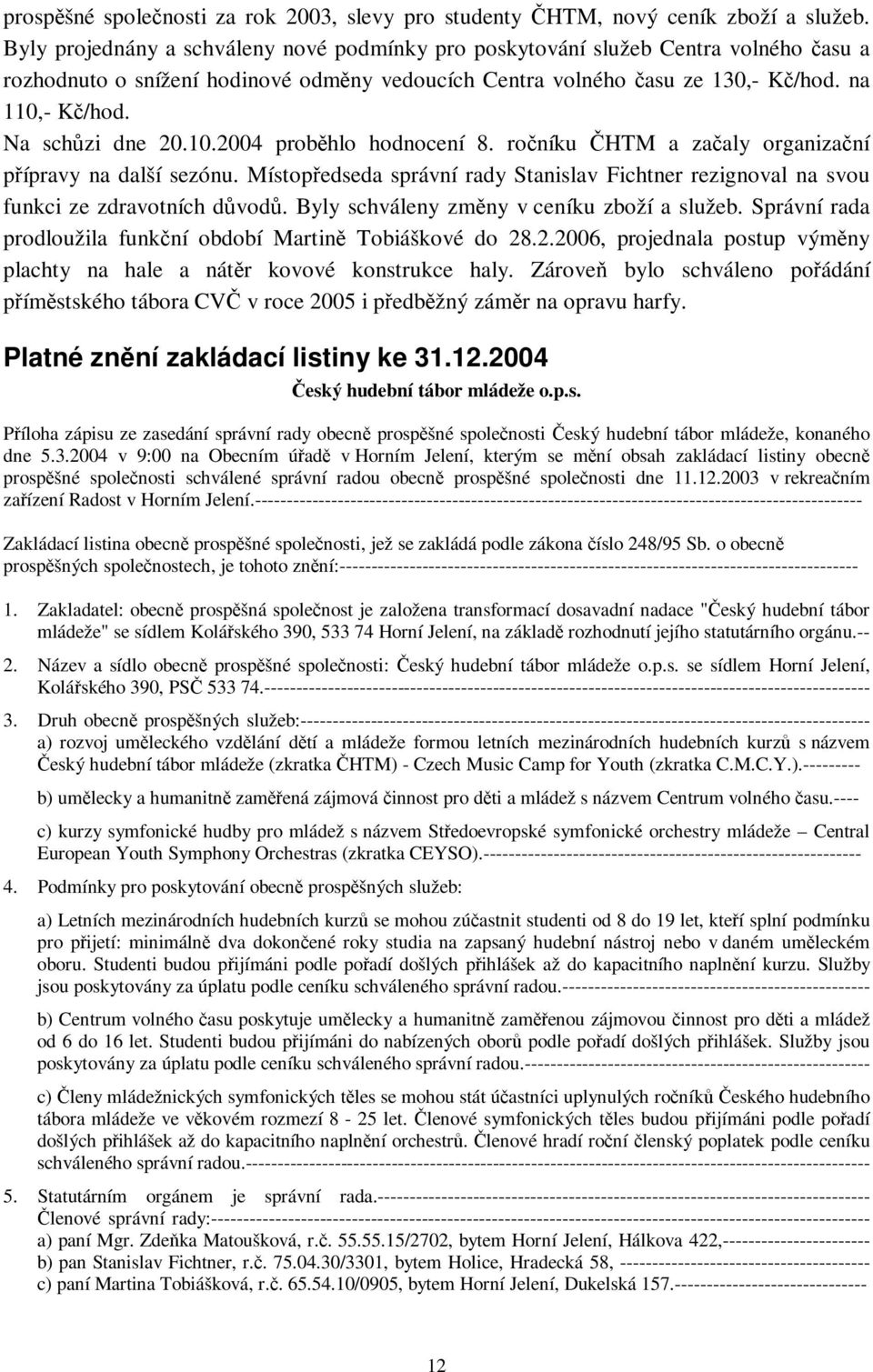 10.2004 probhlo hodnocení 8. roníku HTM a zaaly organizaní pípravy na další sezónu. Místopedseda správní rady Stanislav Fichtner rezignoval na svou funkci ze zdravotních dvod.