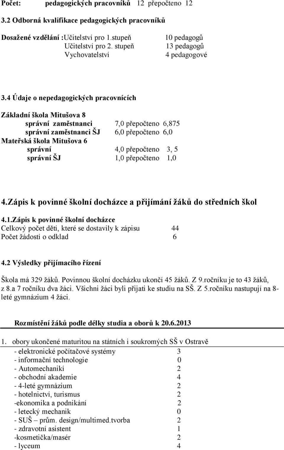 4 Údaje o nepedagogických pracovnících Základní škola Mitušova 8 správní zaměstnanci 7,0 přepočteno 6,875 správní zaměstnanci ŠJ 6,0 přepočteno 6,0 Mateřská škola Mitušova 6 správní 4,0 přepočteno 3,