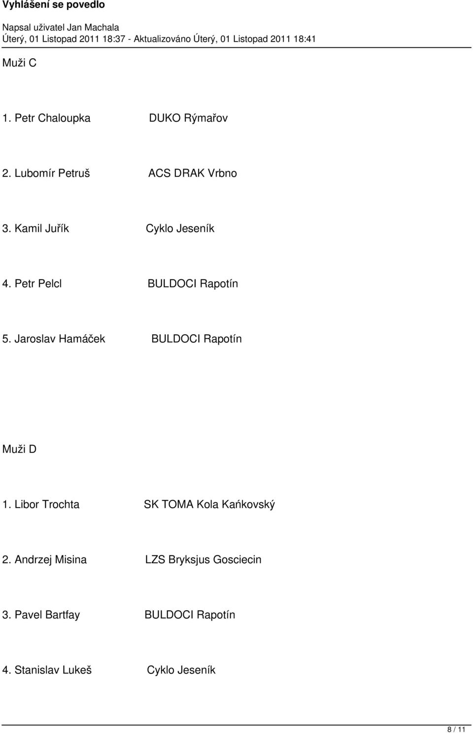 Jaroslav Hamáček BULDOCI Rapotín Muži D 1. Libor Trochta SK TOMA Kola Kańkovský 2.