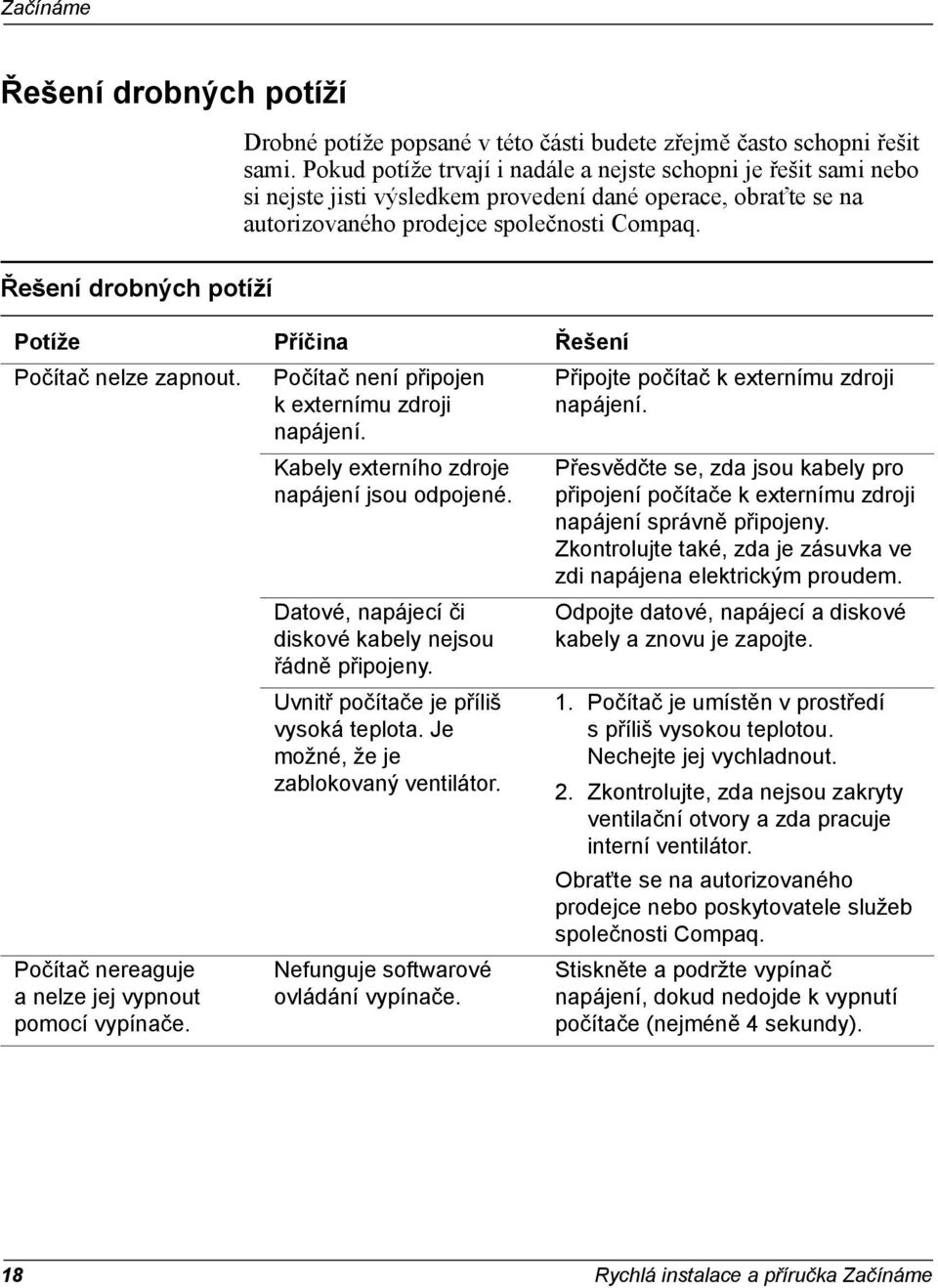 Řešení drobných potíží Potíže Příčina Řešení Počítač nelze zapnout. Počítač není připojen k externímu zdroji napájení. Připojte počítač k externímu zdroji napájení.