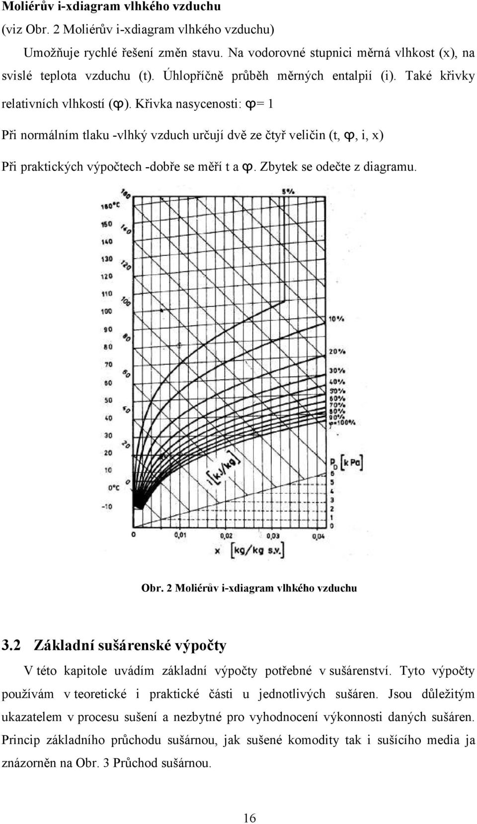 Křivka nasycenosti: ϕ= 1 Při normálním tlaku -vlhký vzduch určují dvě ze čtyř veličin (t, ϕ, i, x) Při praktických výpočtech -dobře se měří t a ϕ. Zbytek se odečte z diagramu. Obr.