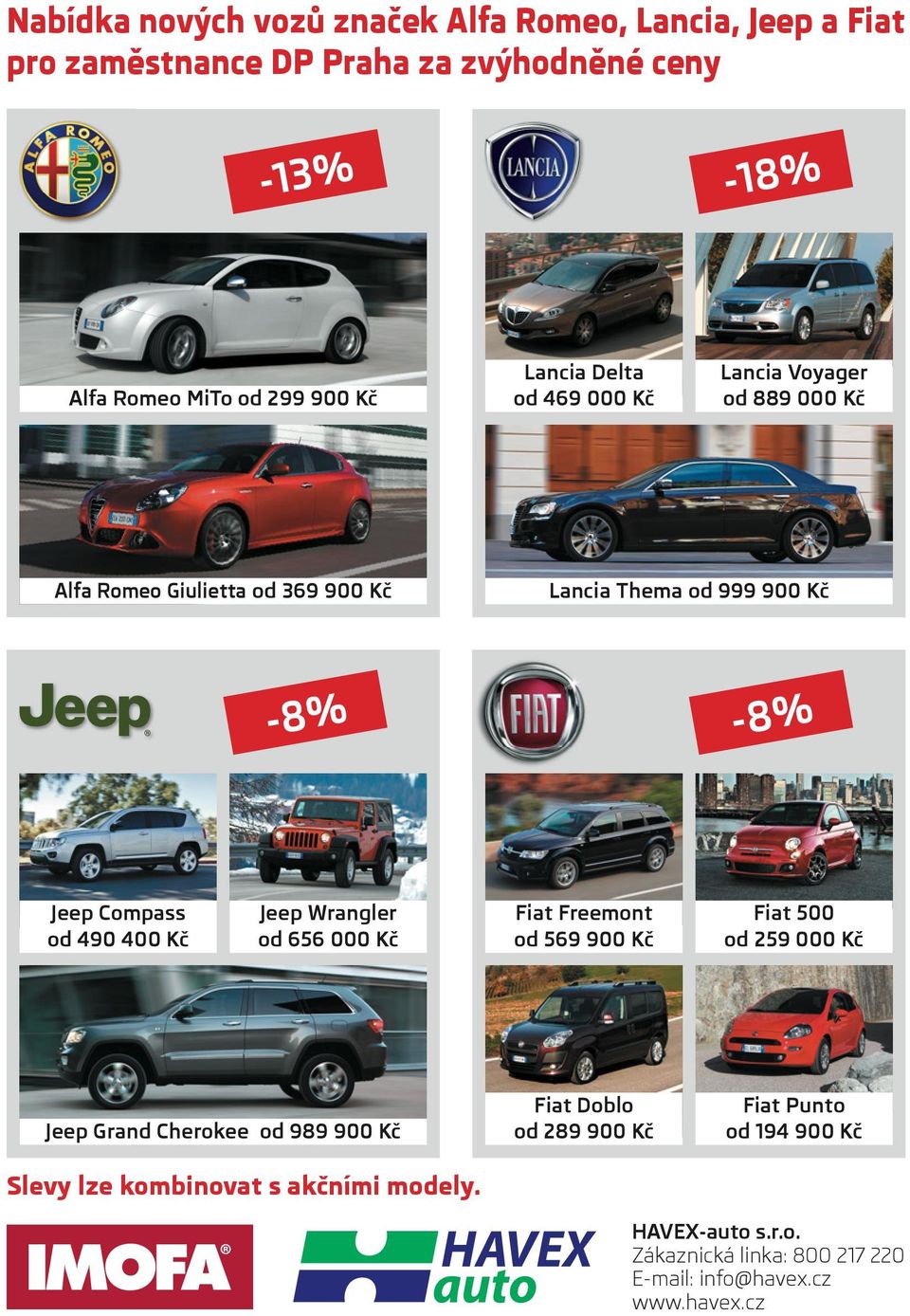 Thema od 999 900 Kč Jeep Compass od 490 400 Kč Jeep Wrangler od 656 000 Kč Fiat Freemont od 569 900 Kč Fiat 500 od 259 000