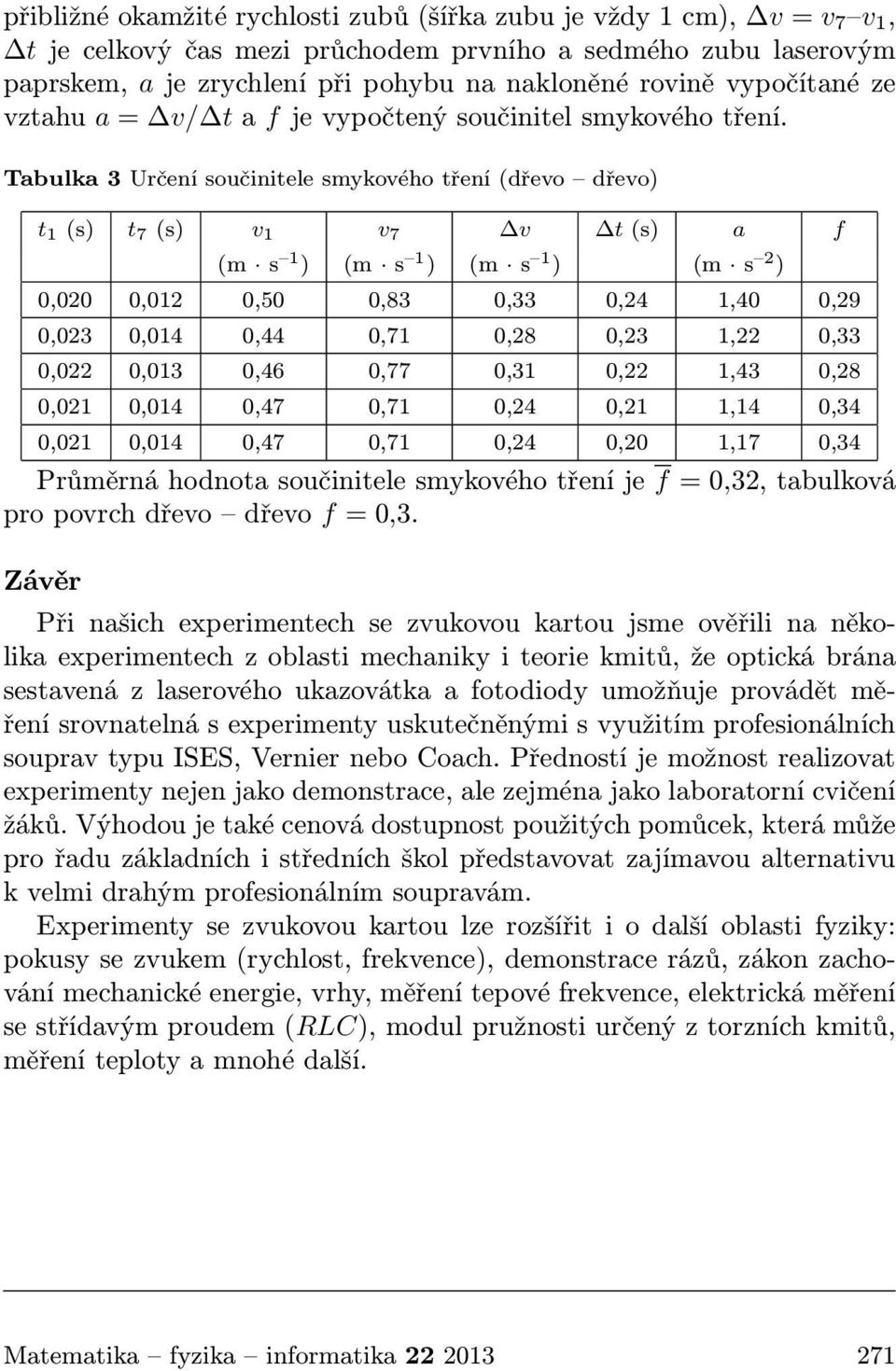 Tabulka3Určenísoučinitelesmykovéhotření(dřevo dřevo) t 1 (s) t 7 (s) v 1 v 7 v t(s) a f (m s 1 ) (m s 1 ) (m s 1 ) (m s 2 ) 0,020 0,012 0,50 0,83 0,33 0,24 1,40 0,29 0,023 0,014 0,44 0,71 0,28 0,23