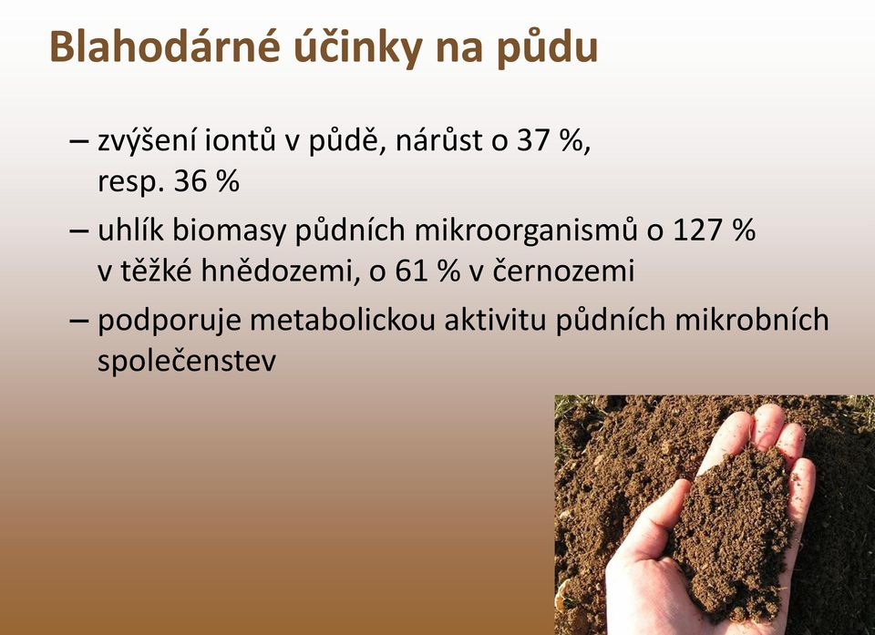 36 % uhlík biomasy půdních mikroorganismů o 127 % v