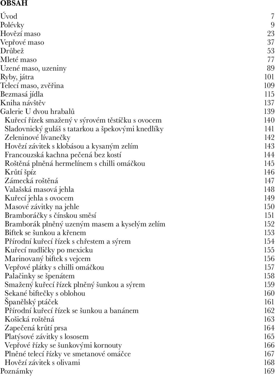 Francouzská kachna pečená bez kostí 144 Roštěná plněná hermelínem s chilli omáčkou 145 Krůtí špíz 146 Zámecká roštěná 147 Valašská masová jehla 148 Kuřecí jehla s ovocem 149 Masové závitky na jehle