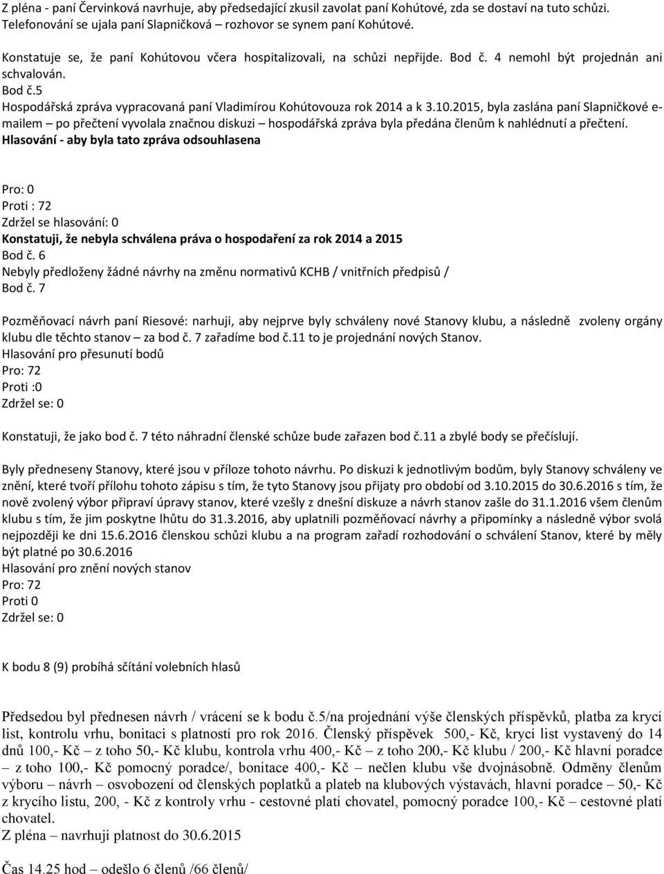 10.2015, byla zaslána paní Slapničkové e- mailem po přečtení vyvolala značnou diskuzi hospodářská zpráva byla předána členům k nahlédnutí a přečtení.