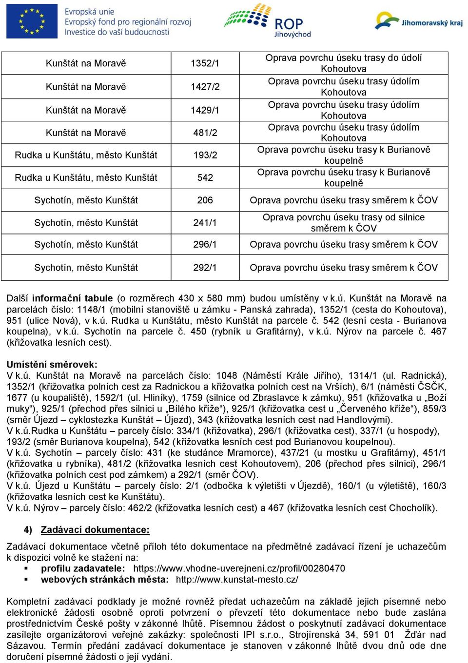 koupelně Sychotín, město Kunštát 206 Oprava povrchu úseku trasy směrem k ČOV Sychotín, město Kunštát 241/1 Oprava povrchu úseku trasy od silnice směrem k ČOV Sychotín, město Kunštát 296/1 Oprava