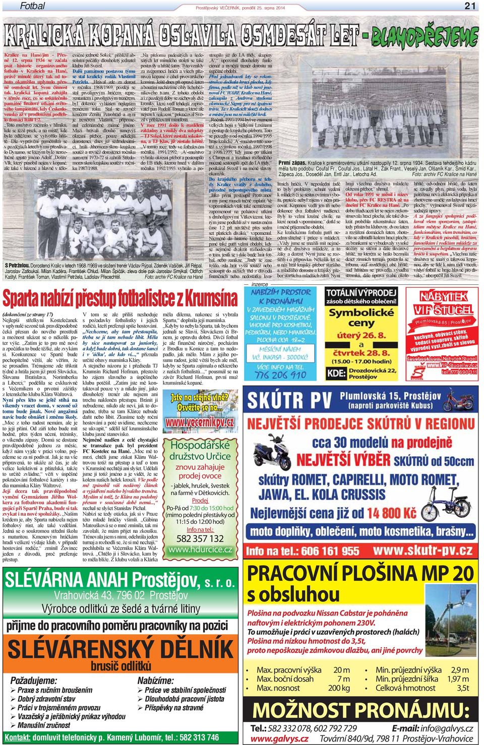 Svou činnost tak kralická kopaná zahájila v témže roce, co se uskutečnilo památné finálové utkání světového šampionátu, kdy Československo až v prodloužení podlehlo domácí Itálii 1:2.