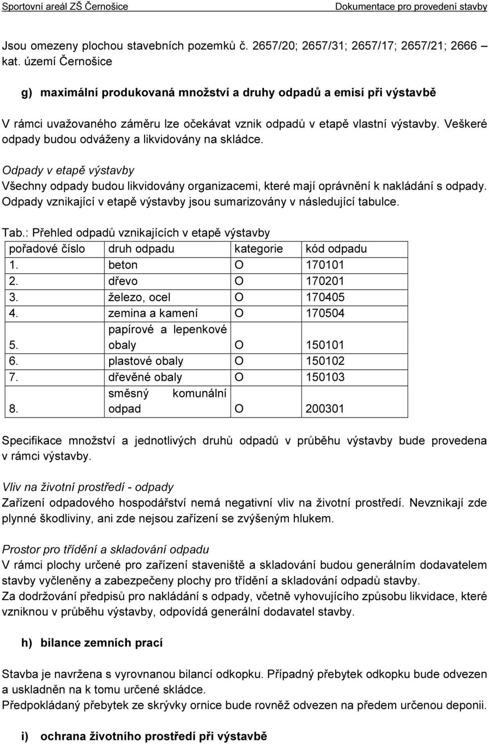 Veškeré odpady budou odváženy a likvidovány na skládce. Odpady v etapě výstavby Všechny odpady budou likvidovány organizacemi, které mají oprávnění k nakládání s odpady.