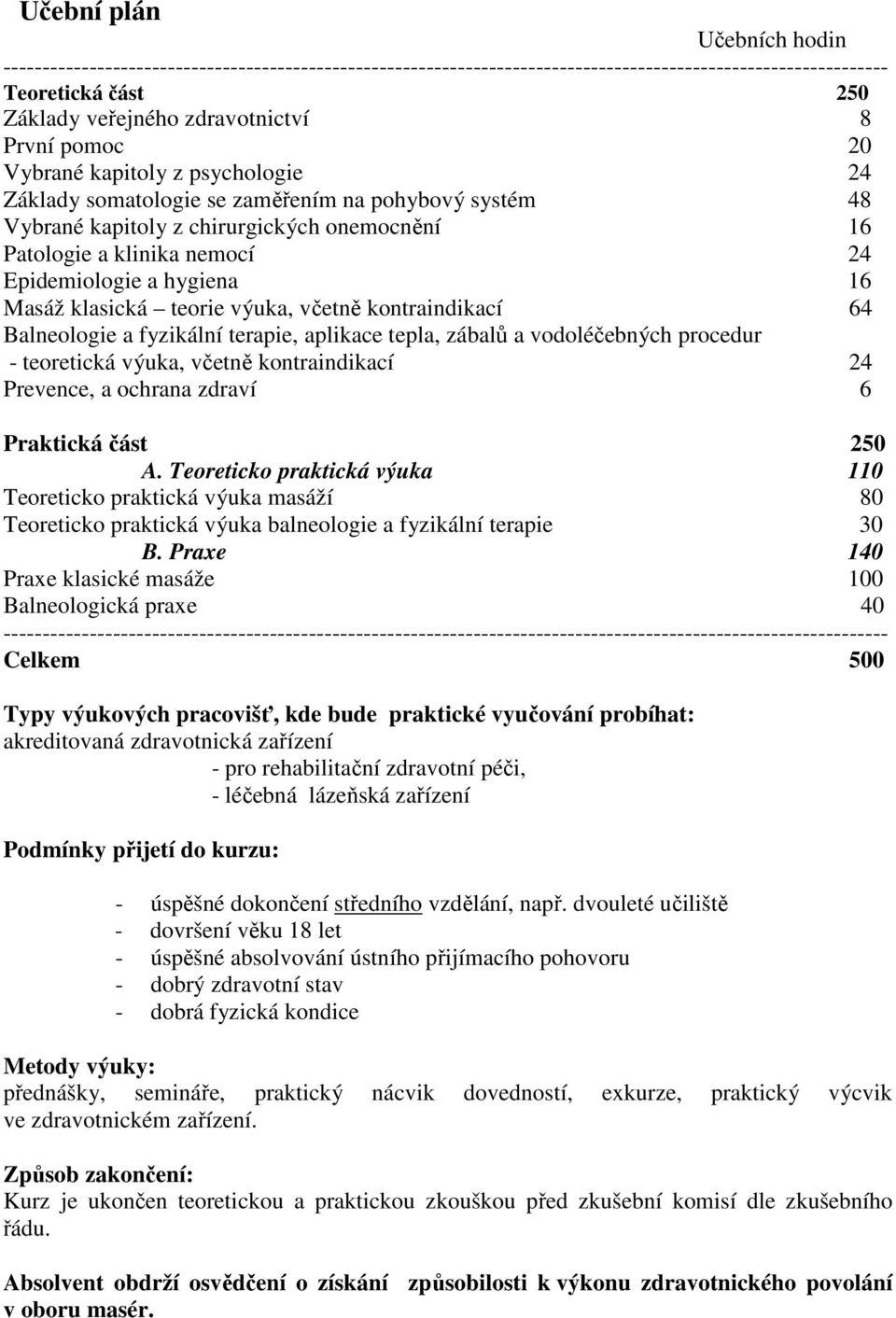 hygiena 16 Masáž klasická teorie výuka, včetně kontraindikací 64 Balneologie a fyzikální terapie, aplikace tepla, zábalů a vodoléčebných procedur - teoretická výuka, včetně kontraindikací 24