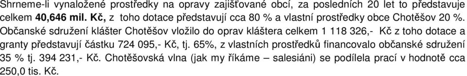 Občanské sdružení klášter Chotěšov vložilo do oprav kláštera celkem 1 118 326,- Kč z toho dotace a granty představují částku