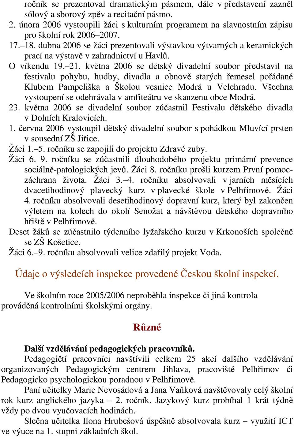 dubna 2006 se žáci prezentovali výstavkou výtvarných a keramických prací na výstavě v zahradnictví u Havlů. O víkendu 19. 21.