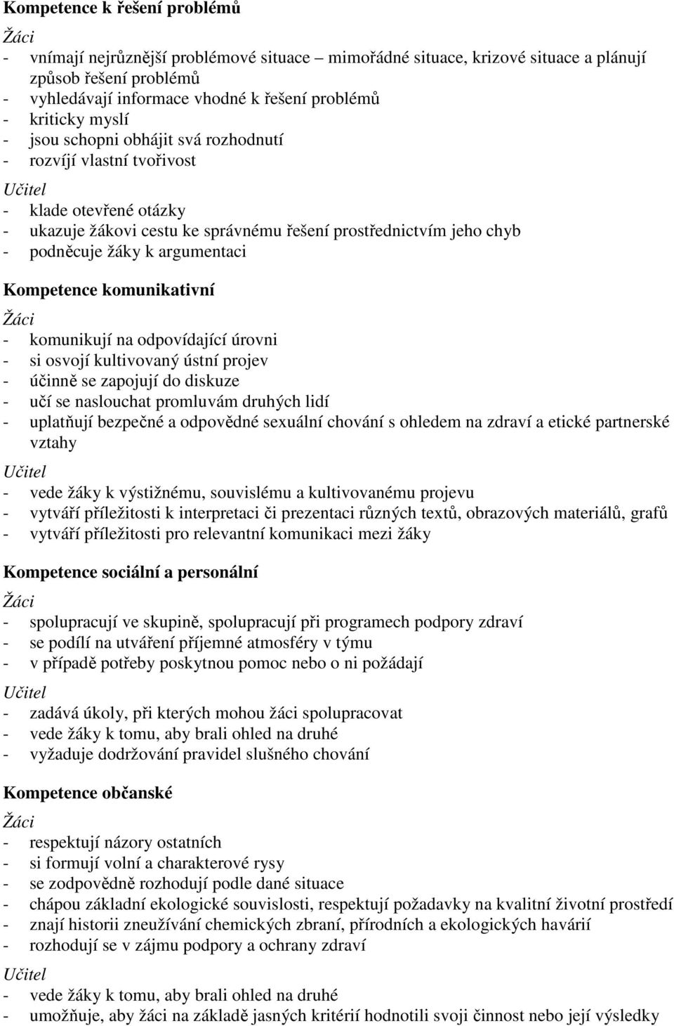 Kompetence komunikativní - komunikují na odpovídající úrovni - si osvojí kultivovaný ústní projev - účinně se zapojují do diskuze - učí se naslouchat promluvám druhých lidí - uplatňují bezpečné a