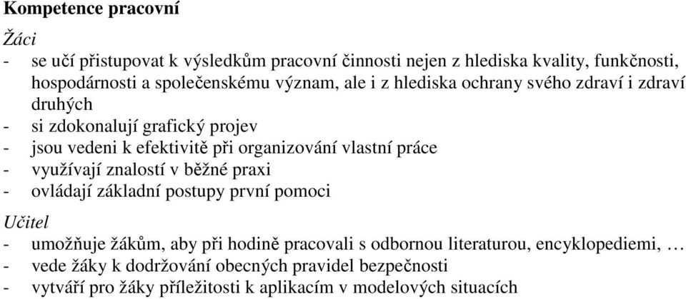 vlastní práce - využívají znalostí v běžné praxi - ovládají základní postupy první pomoci - umožňuje žákům, aby při hodině pracovali s odbornou