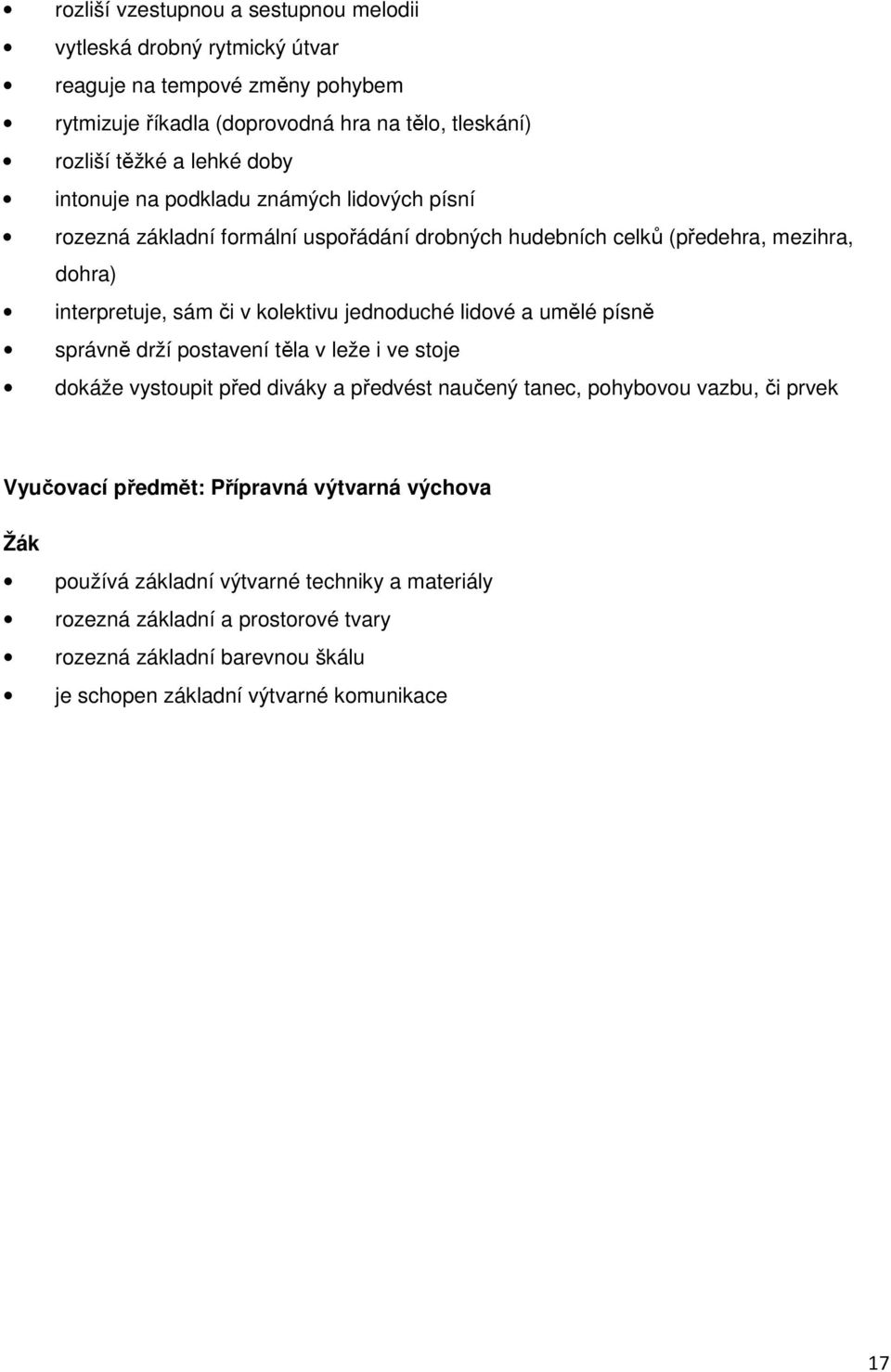 jednoduché lidové a umělé písně správně drží postavení těla v leže i ve stoje dokáže vystoupit před diváky a předvést naučený tanec, pohybovou vazbu, či prvek Vyučovací předmět: