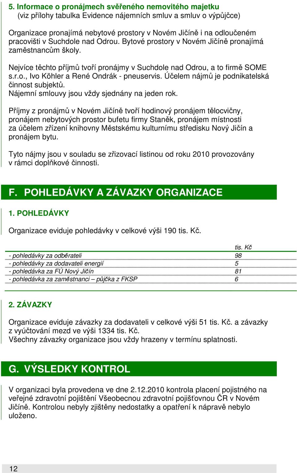 Účelem nájmů je podnikatelská činnost subjektů. Nájemní smlouvy jsou vždy sjednány na jeden rok.