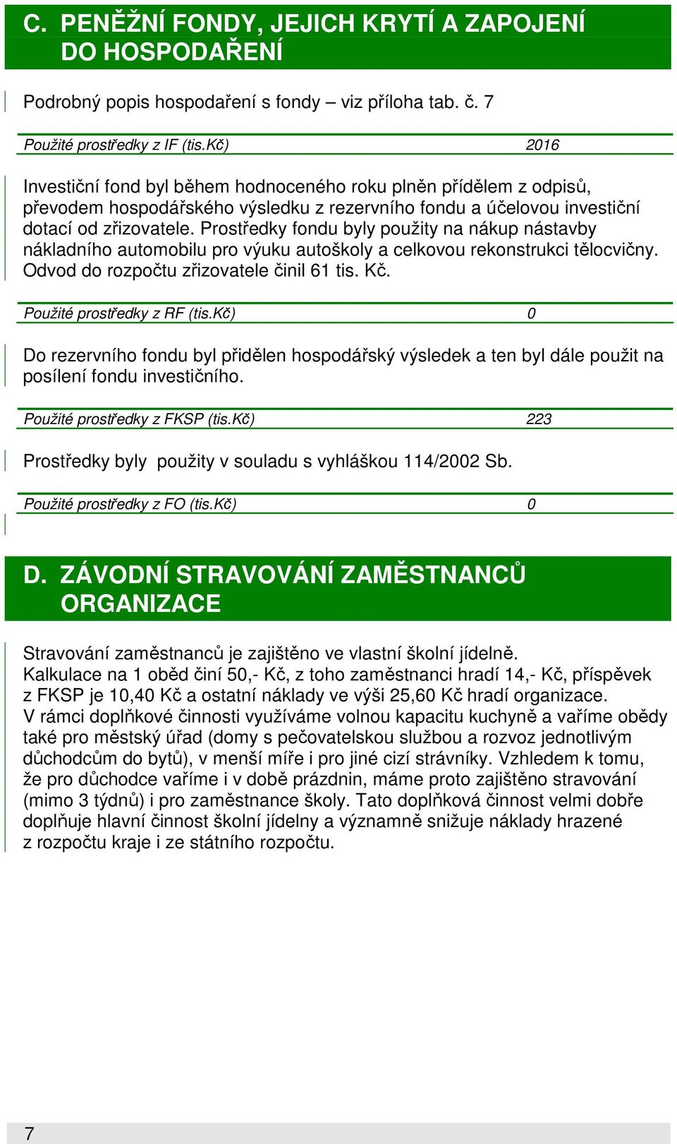 Prostředky fondu byly použity na nákup nástavby nákladního automobilu pro výuku autoškoly a celkovou rekonstrukci tělocvičny. Odvod do rozpočtu zřizovatele činil 61 tis. Kč.