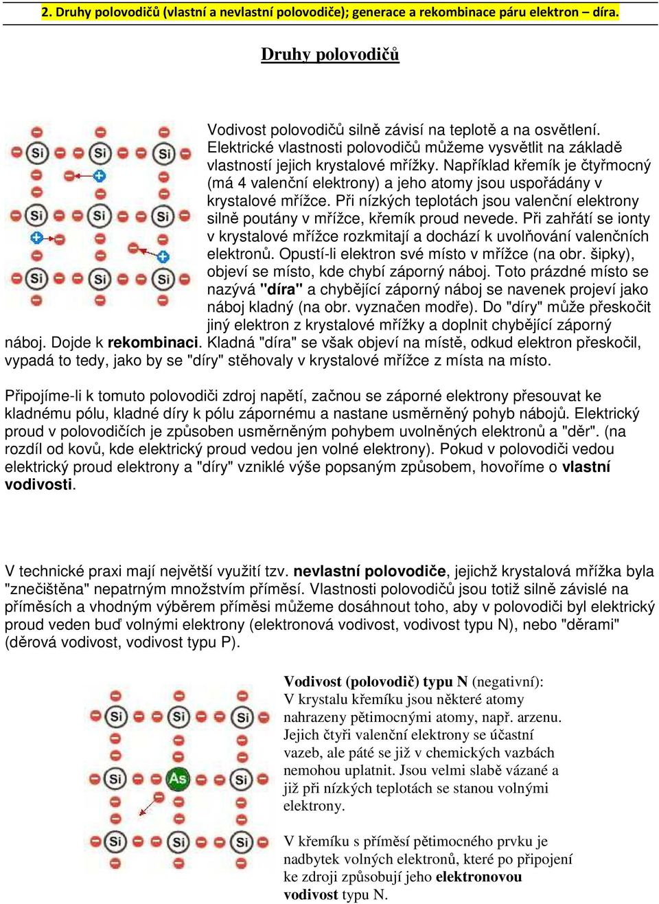 Například křemík je čtyřmocný (má 4 valenční elektrony) a jeho atomy jsou uspořádány v krystalové mřížce. Při nízkých teplotách jsou valenční elektrony silně poutány v mřížce, křemík proud nevede.