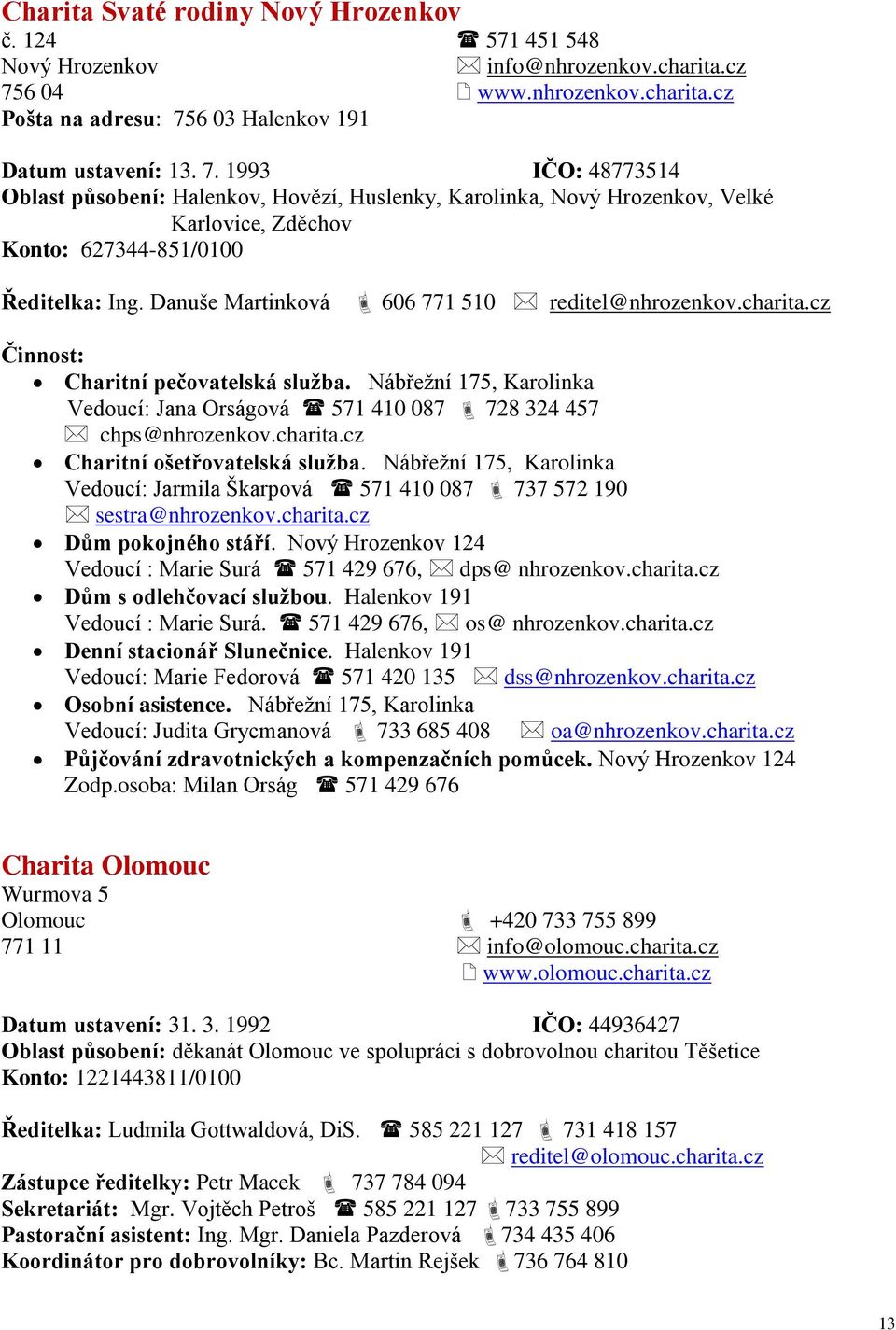 Danuše Martinková 606 771 510 reditel@nhrozenkov.charita.cz Charitní pečovatelská služba. Nábřežní 175, Karolinka Vedoucí: Jana Orságová 571 410 087 728 324 457 chps@nhrozenkov.charita.cz Charitní ošetřovatelská služba.