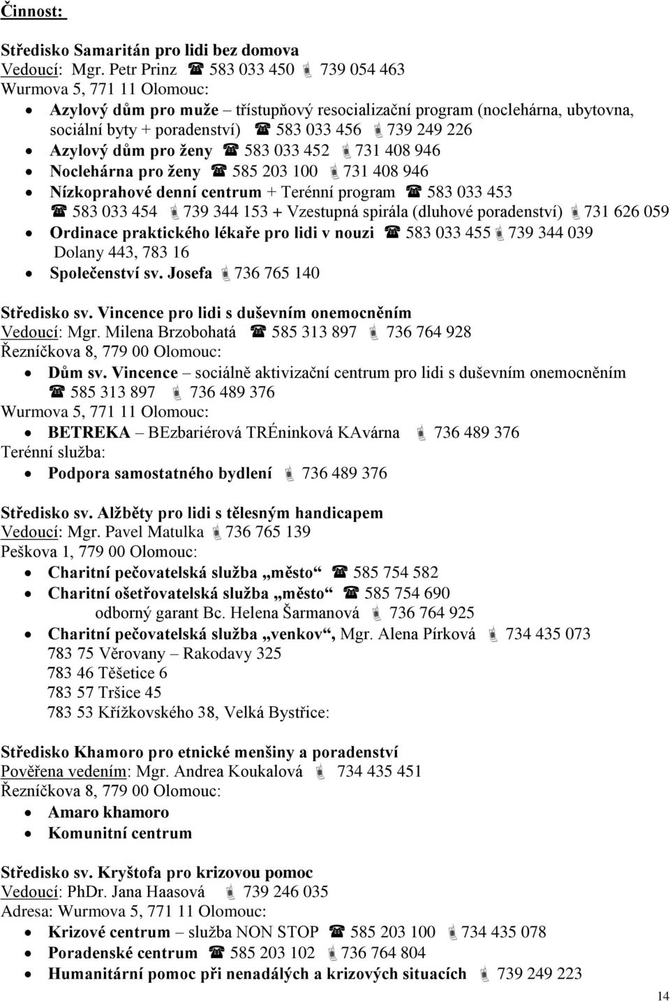 Azylový dům pro ženy 583 033 452 731 408 946 Noclehárna pro ženy 585 203 100 731 408 946 Nízkoprahové denní centrum + Terénní program 583 033 453 583 033 454 739 344 153 + Vzestupná spirála (dluhové