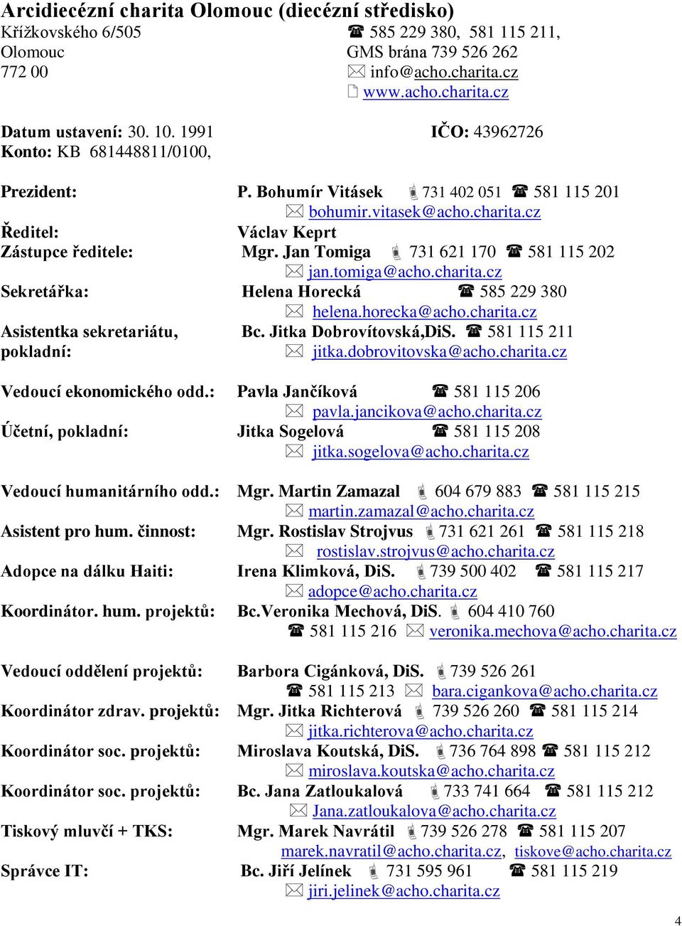Jan Tomiga 731 621 170 581 115 202 jan.tomiga@acho.charita.cz Sekretářka: Helena Horecká 585 229 380 helena.horecka@acho.charita.cz Asistentka sekretariátu, Bc. Jitka Dobrovítovská,DiS.