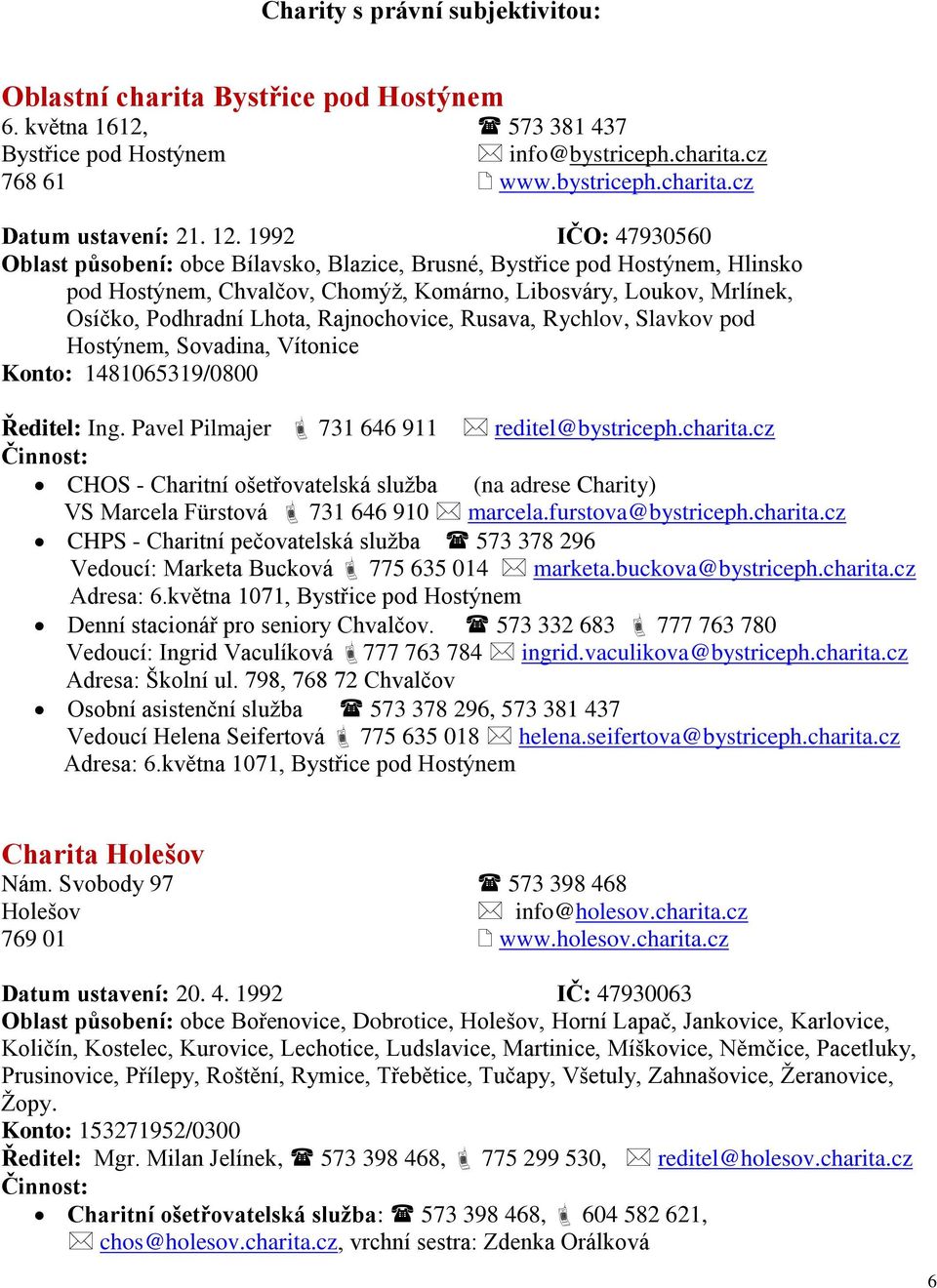 Rajnochovice, Rusava, Rychlov, Slavkov pod Hostýnem, Sovadina, Vítonice Konto: 1481065319/0800 Ředitel: Ing. Pavel Pilmajer 731 646 911 reditel@bystriceph.charita.