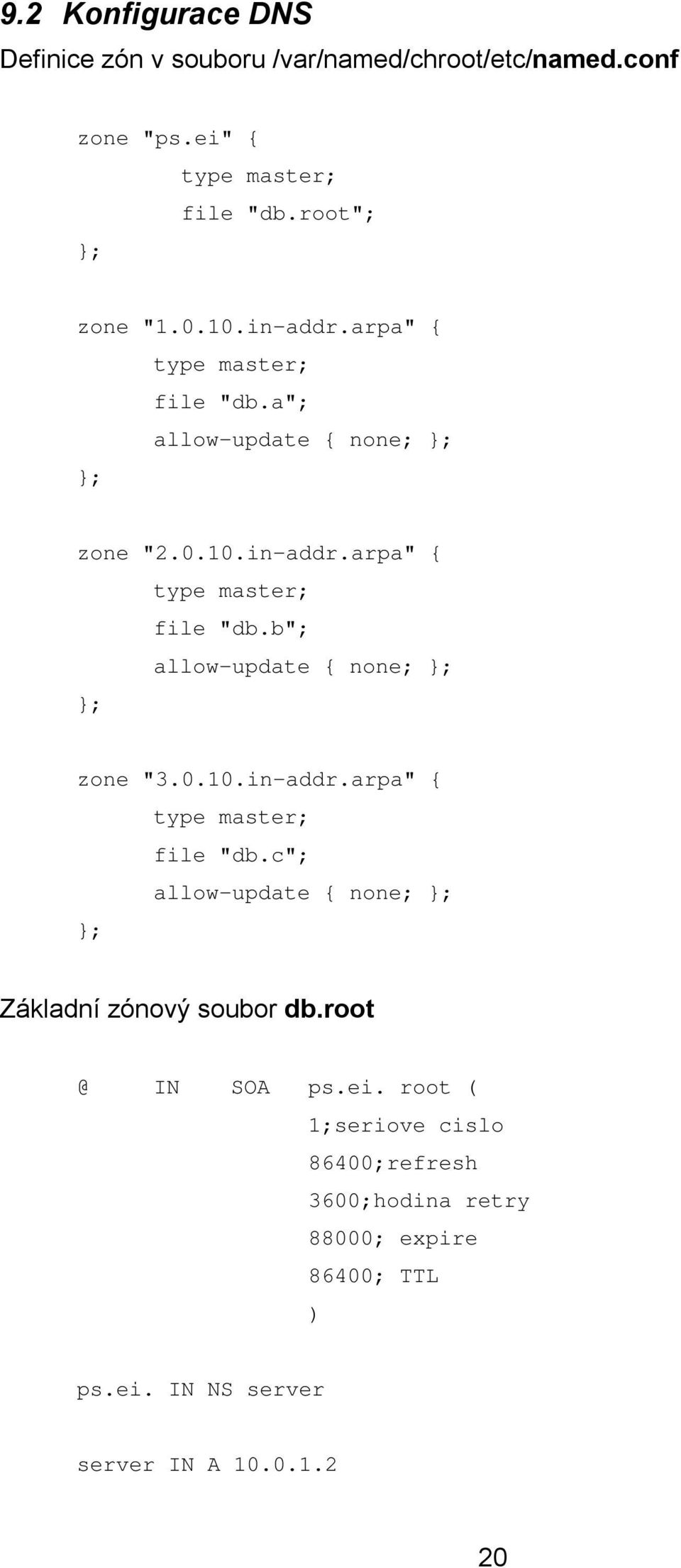 0.10.in-addr.arpa" { type master; file "db.c"; allow-update { none; }; }; Základní zónový soubor db.root @ IN SOA ps.ei.