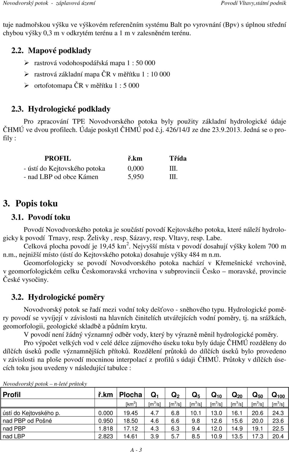 Hydrologické podklady Pro zpracování TPE Novodvorského potoka byly použity základní hydrologické údaje ČHMÚ ve dvou profilech. Údaje poskytl ČHMÚ pod č.j. 426/14/J ze dne 23.9.2013.