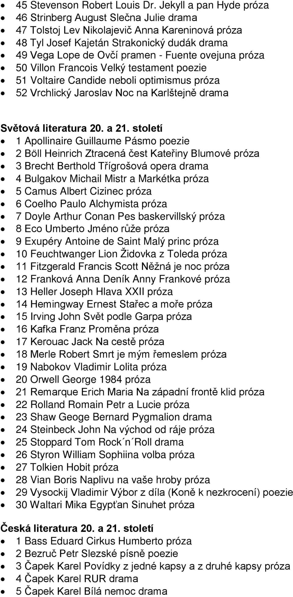 ovejuna próza 50 Villon Francois Velký testament poezie 51 Voltaire Candide neboli optimismus próza 52 Vrchlický Jaroslav Noc na Karlštejně drama Světová literatura 20. a 21.