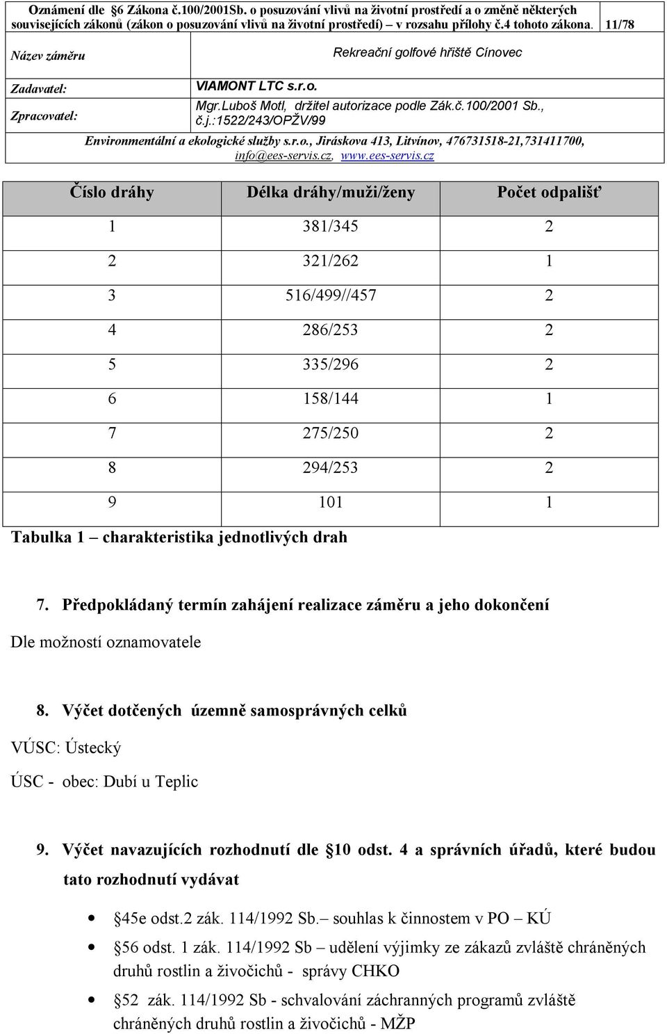 jednotlivých drah 7. Předpokládaný termín zahájení realizace záměru a jeho dokončení Dle možností oznamovatele 8. Výčet dotčených územně samosprávných celků VÚSC: Ústecký ÚSC - obec: Dubí u Teplic 9.