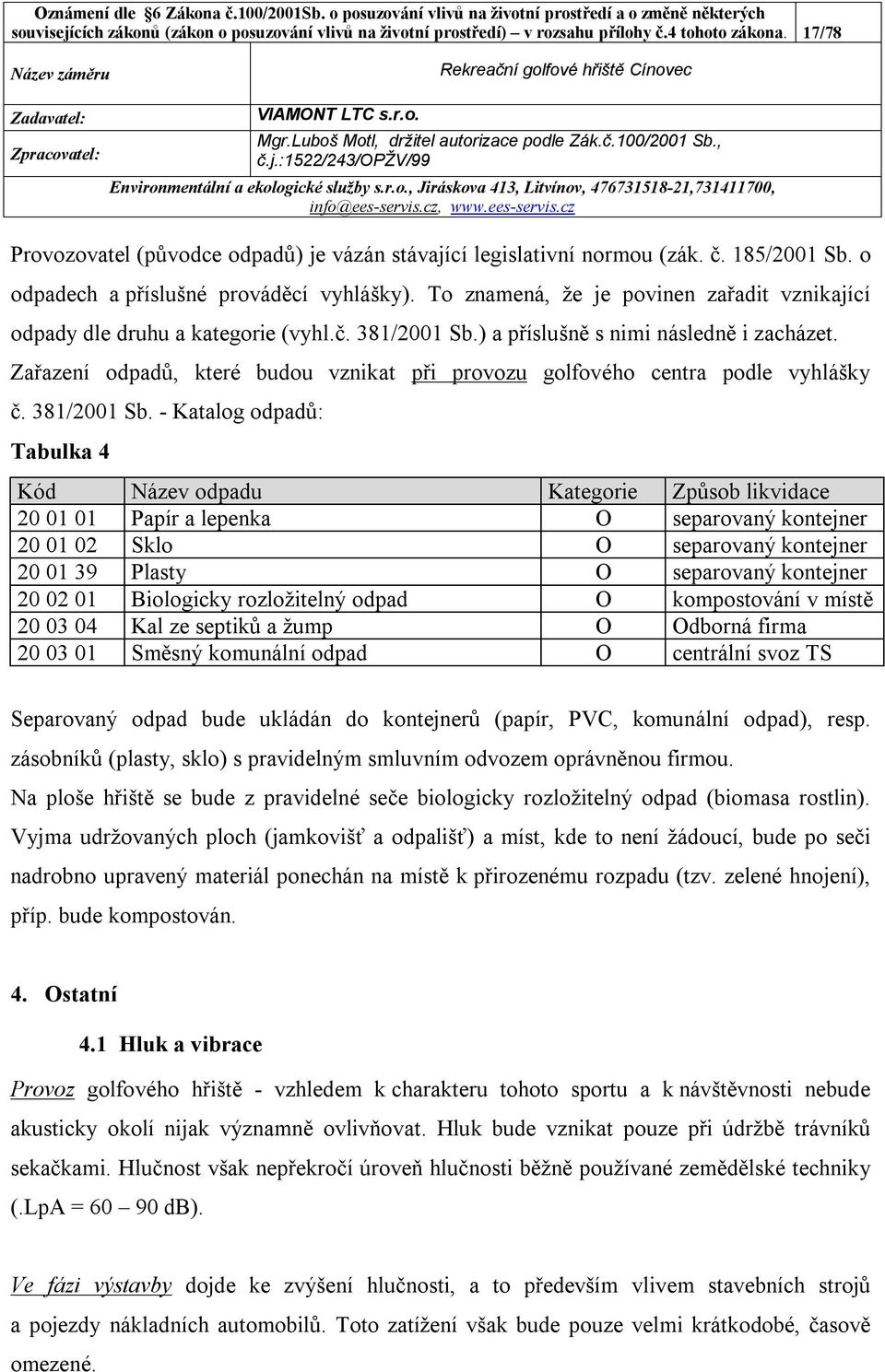 Zařazení odpadů, které budou vznikat při provozu golfového centra podle vyhlášky č. 381/2001 Sb.