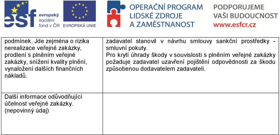 vynaložení dalších finančních nákladů. zadavatel stanovil v návrhu smlouvy sankční prostředky - smluvní pokuty.