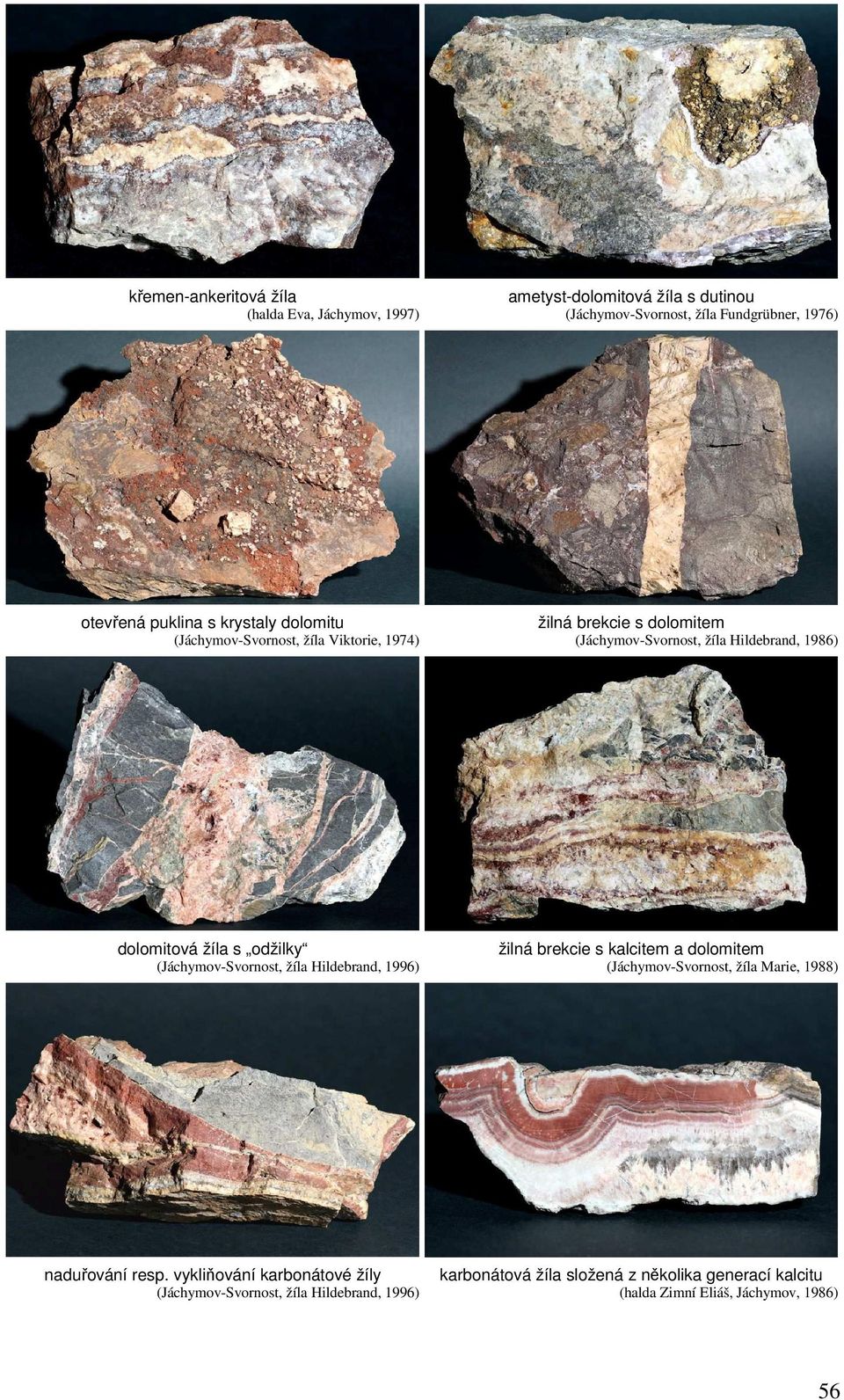odžilky (Jáchymov-Svornost, žíla Hildebrand, 1996) žilná brekcie s kalcitem a dolomitem (Jáchymov-Svornost, žíla Marie, 1988) naduřování resp.