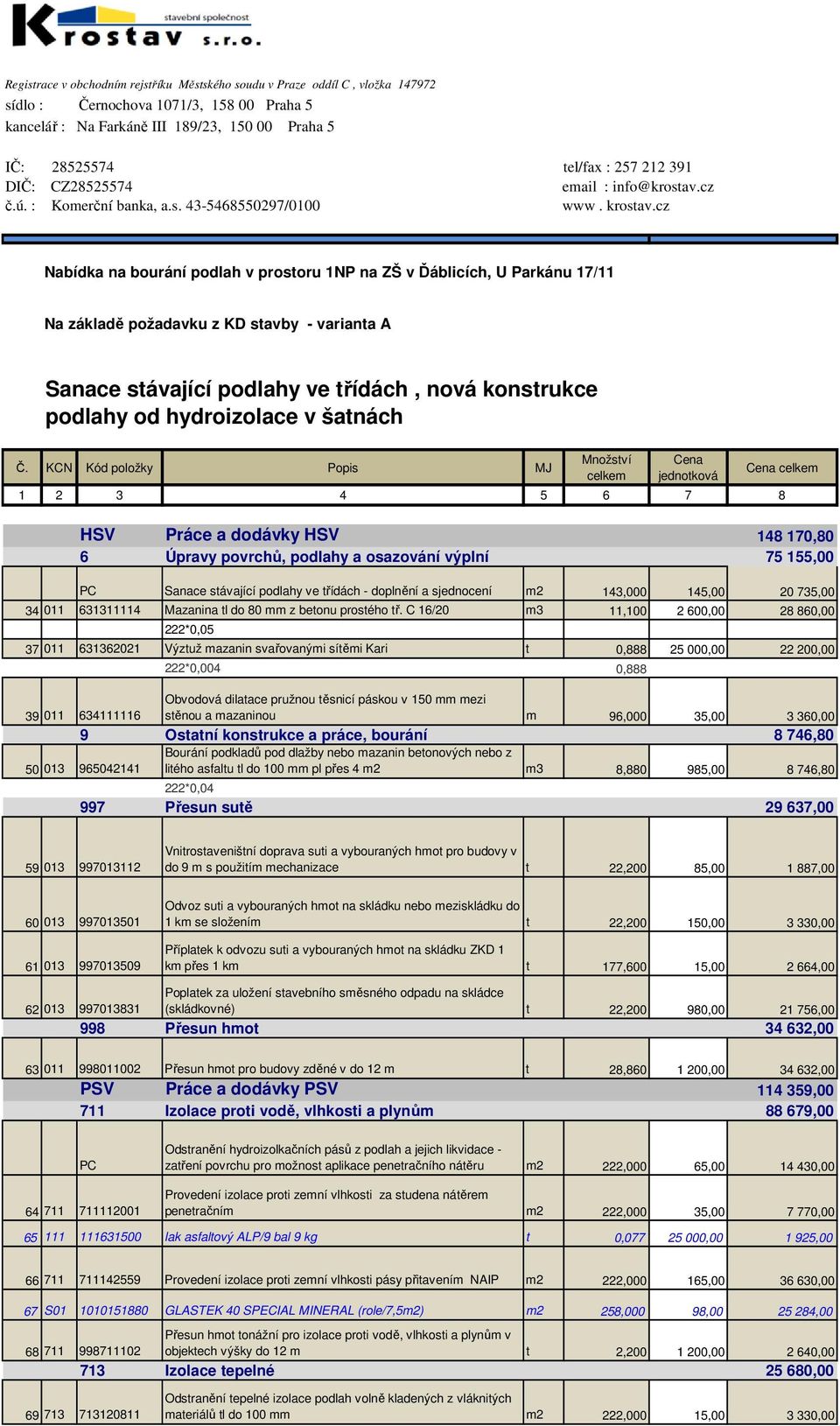 cz Nabídka na bourání podlah v prostoru 1NP na ZŠ v Ďáblicích, U Parkánu 17/11 Na základě požadavku z KD stavby - varianta A Sanace stávající podlahy ve třídách, nová konstrukce podlahy od