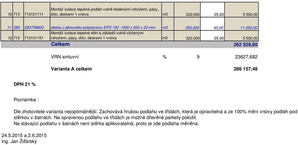 9 23627,682 Varianta A celkem 286 157,48 DPH 21 % Poznámka : Dle zhotovitele varianta nejoptimálnější.