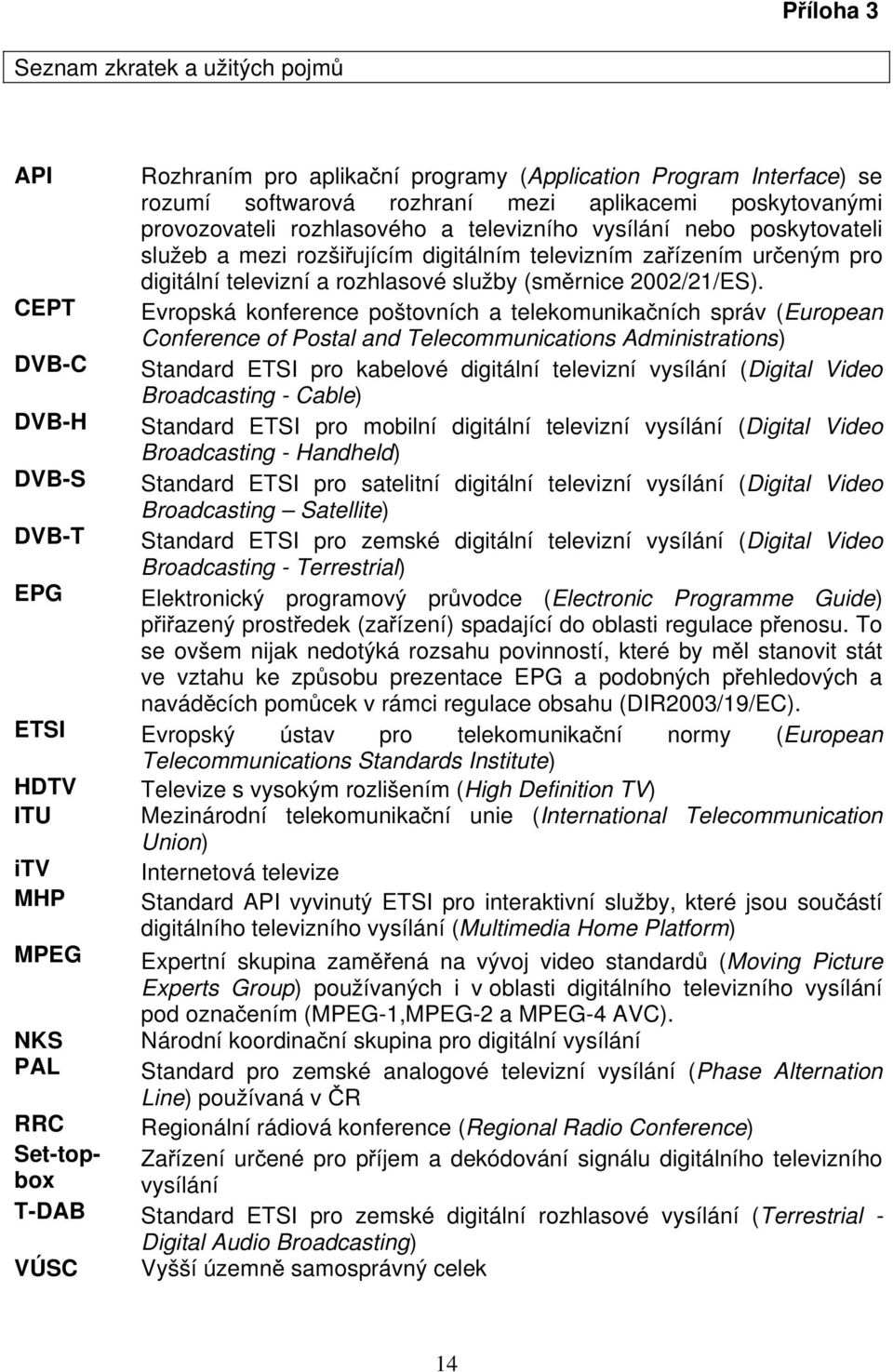 CEPT Evropská konference poštovních a telekomunikačních správ (European Conference of Postal and Telecommunications Administrations) DVB-C Standard ETSI pro kabelové digitální televizní vysílání