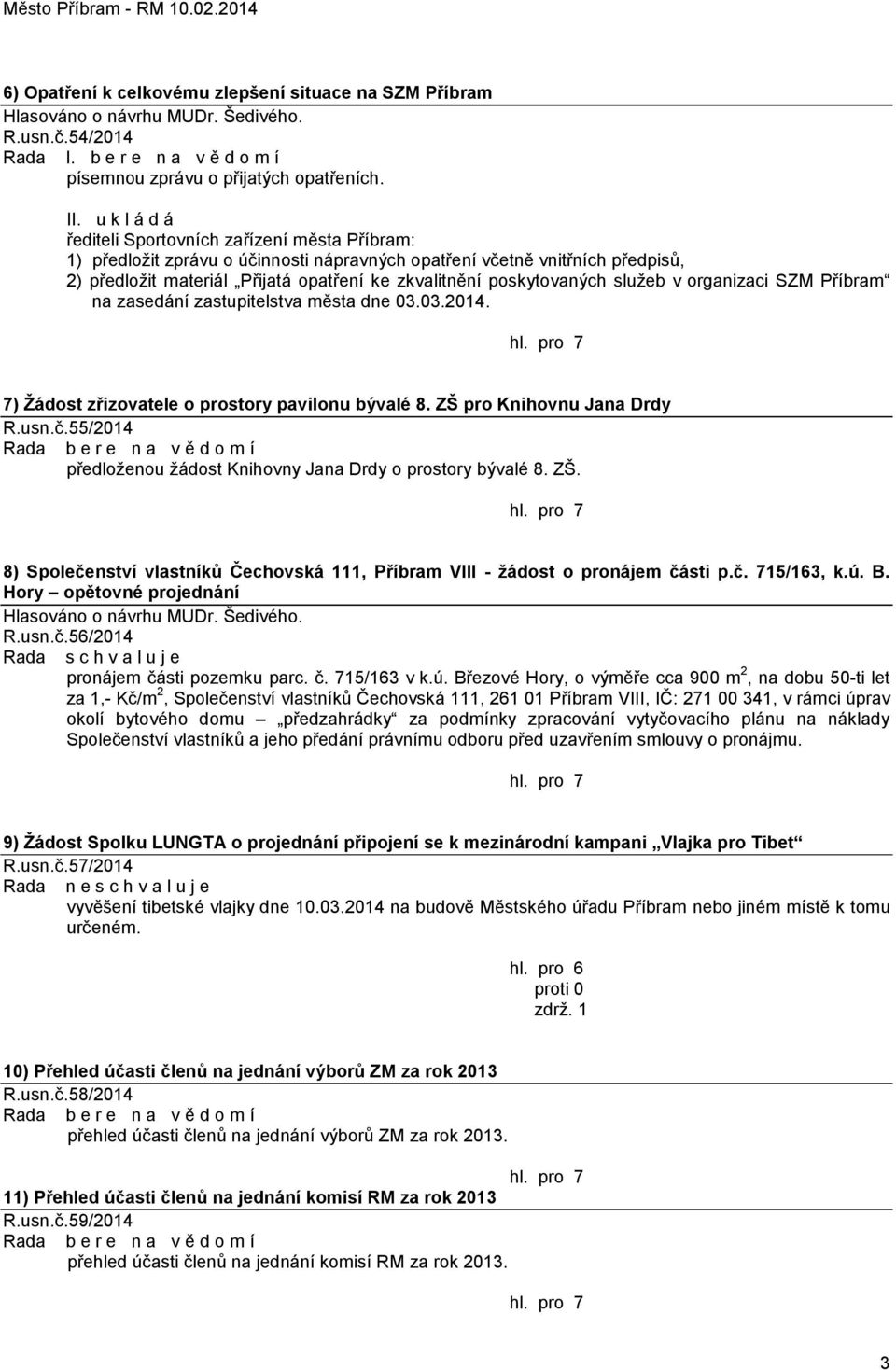 v organizaci SZM Příbram na zasedání zastupitelstva města dne 03.03.2014. 7) Ţádost zřizovatele o prostory pavilonu bývalé 8. ZŠ pro Knihovnu Jana Drdy R.usn.č.