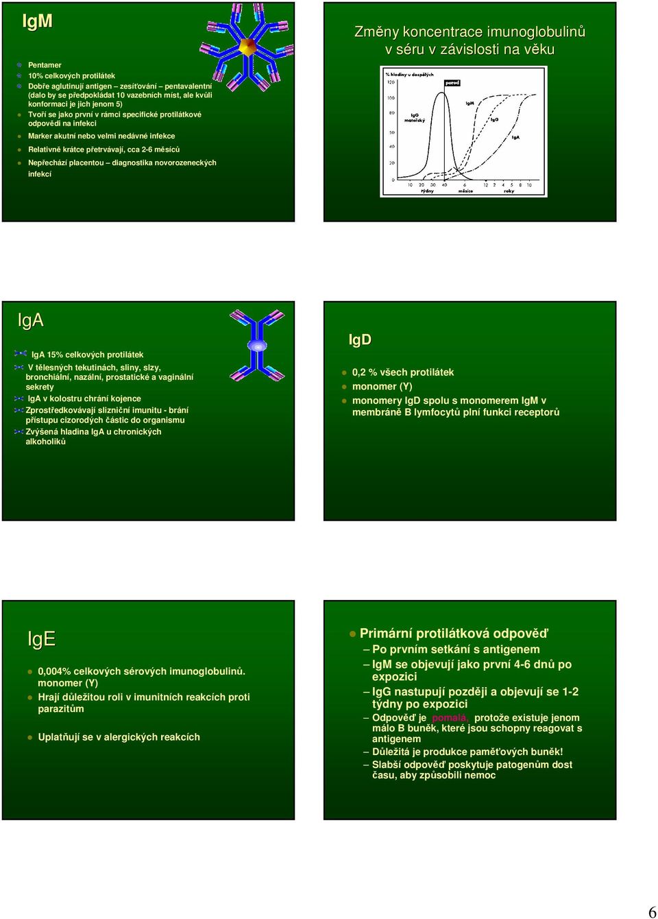 koncentrace imunoglobulinů v séru s v závislosti z na věkuv IgA IgA 15% celkových protilátek V tělesných tekutinách, sliny, slzy, bronchiální, nazální, prostatické a vaginální sekrety IgA v kolostru