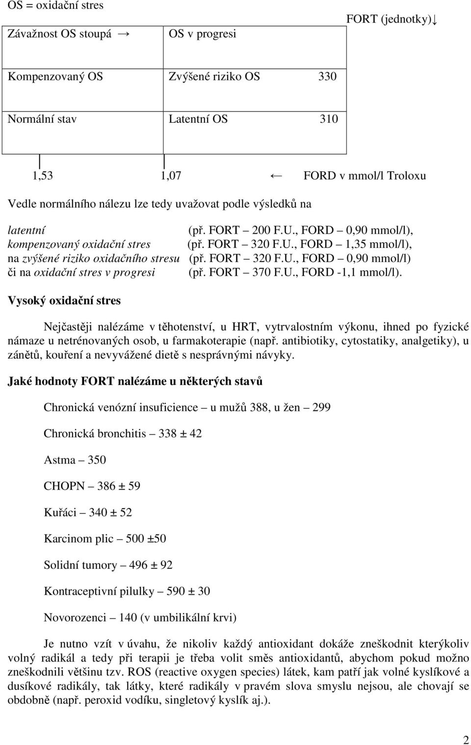 FORT 370 F.U., FORD -1,1 mmol/l). Vysoký oxidační stres Nejčastěji nalézáme v těhotenství, u HRT, vytrvalostním výkonu, ihned po fyzické námaze u netrénovaných osob, u farmakoterapie (např.