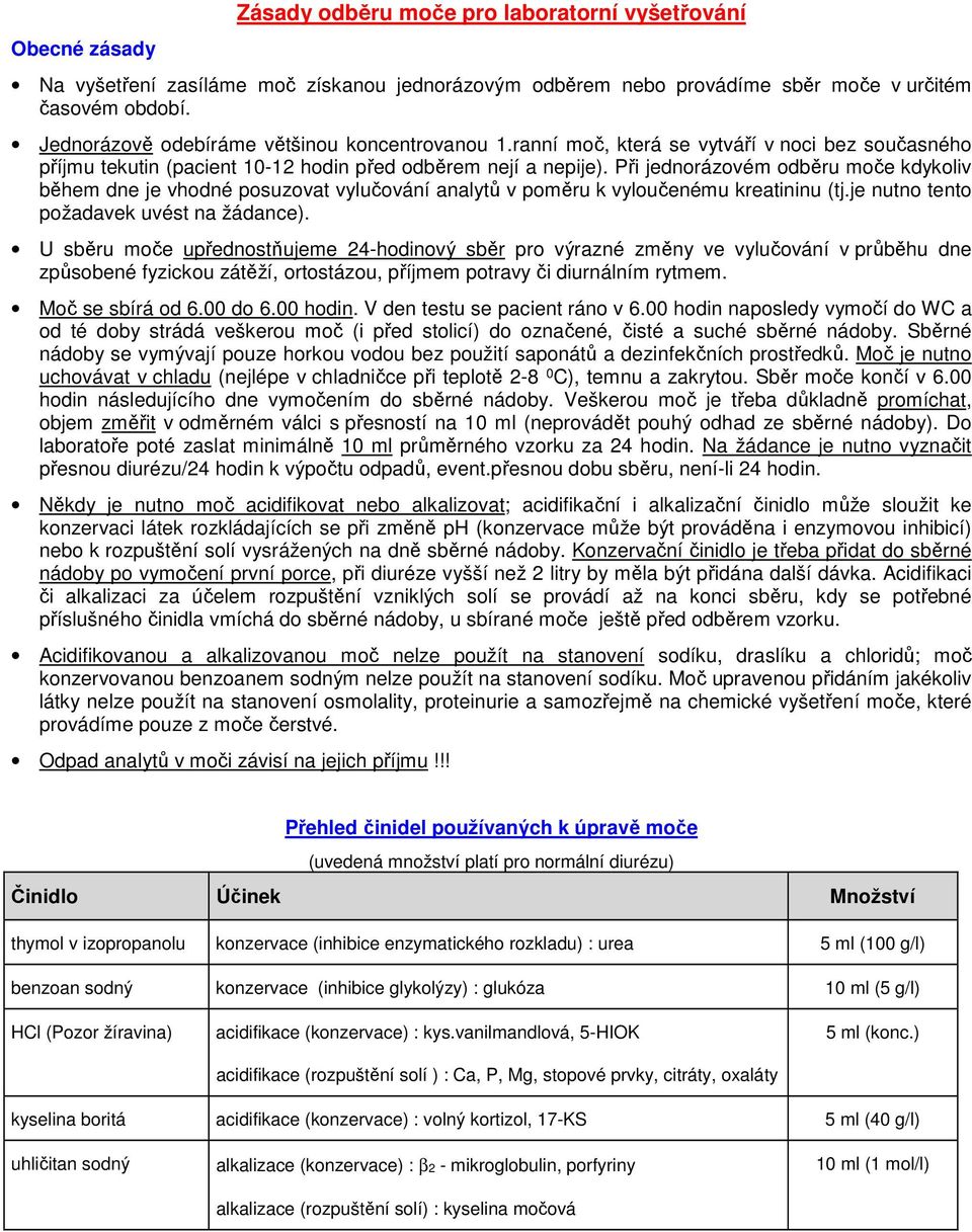 Při jednorázovém odběru moče kdykoliv během dne je vhodné posuzovat vylučování analytů v poměru k vyloučenému kreatininu (tj.je nutno tento požadavek uvést na žádance).